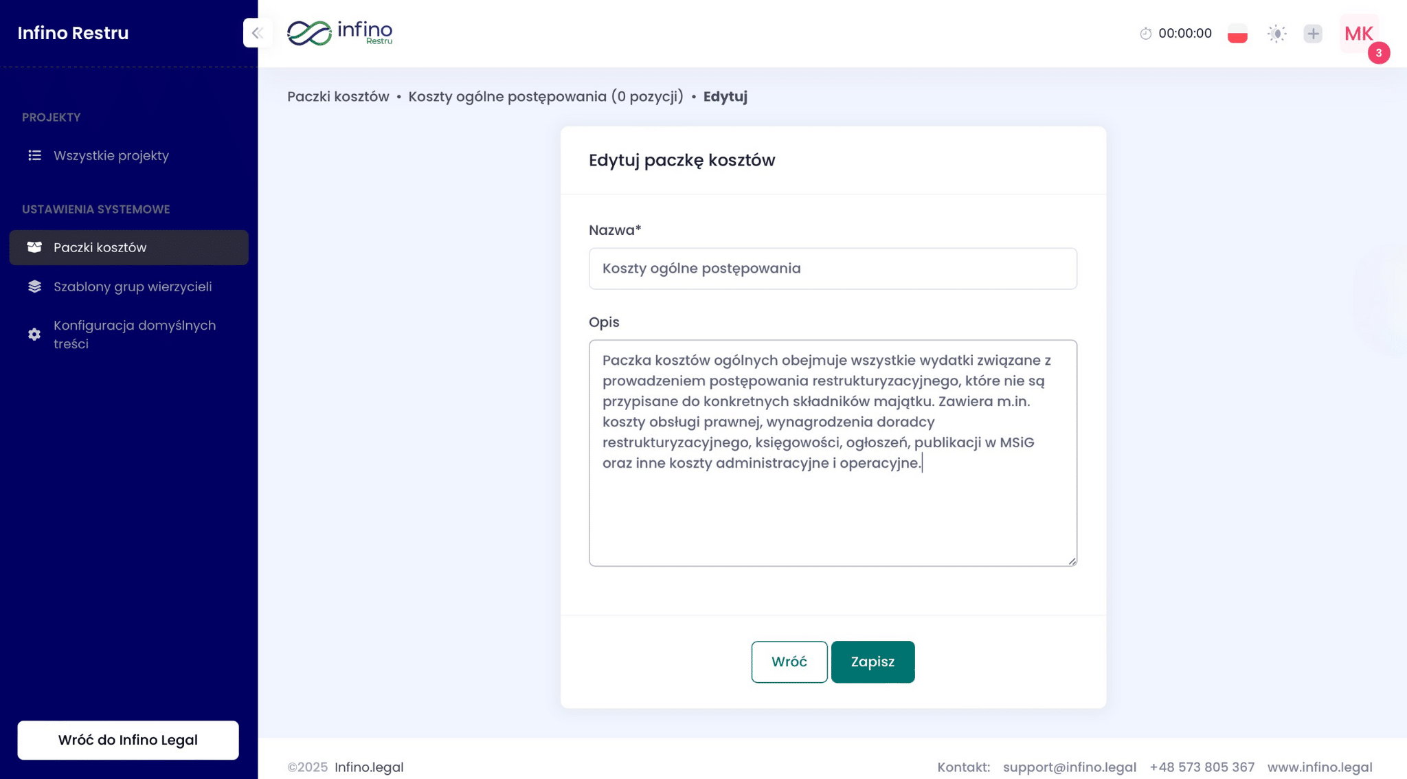 Formularz paczki kosztów w Infino Restru – uzupełnienie nazwy i opisu oraz zapis.