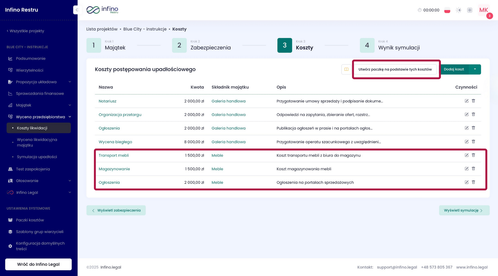 Koszty likwidacji w Infino Restru – przycisk „Utwórz paczkę na podstawie tych kosztów”.