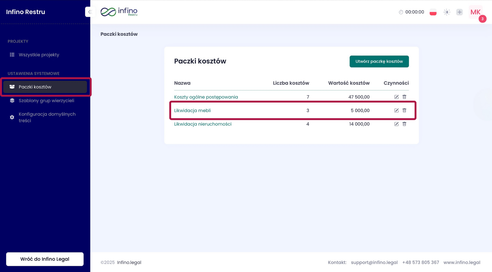 Lista „Paczki kosztów” w Infino Restru – nowo utworzona paczka widoczna na liście.