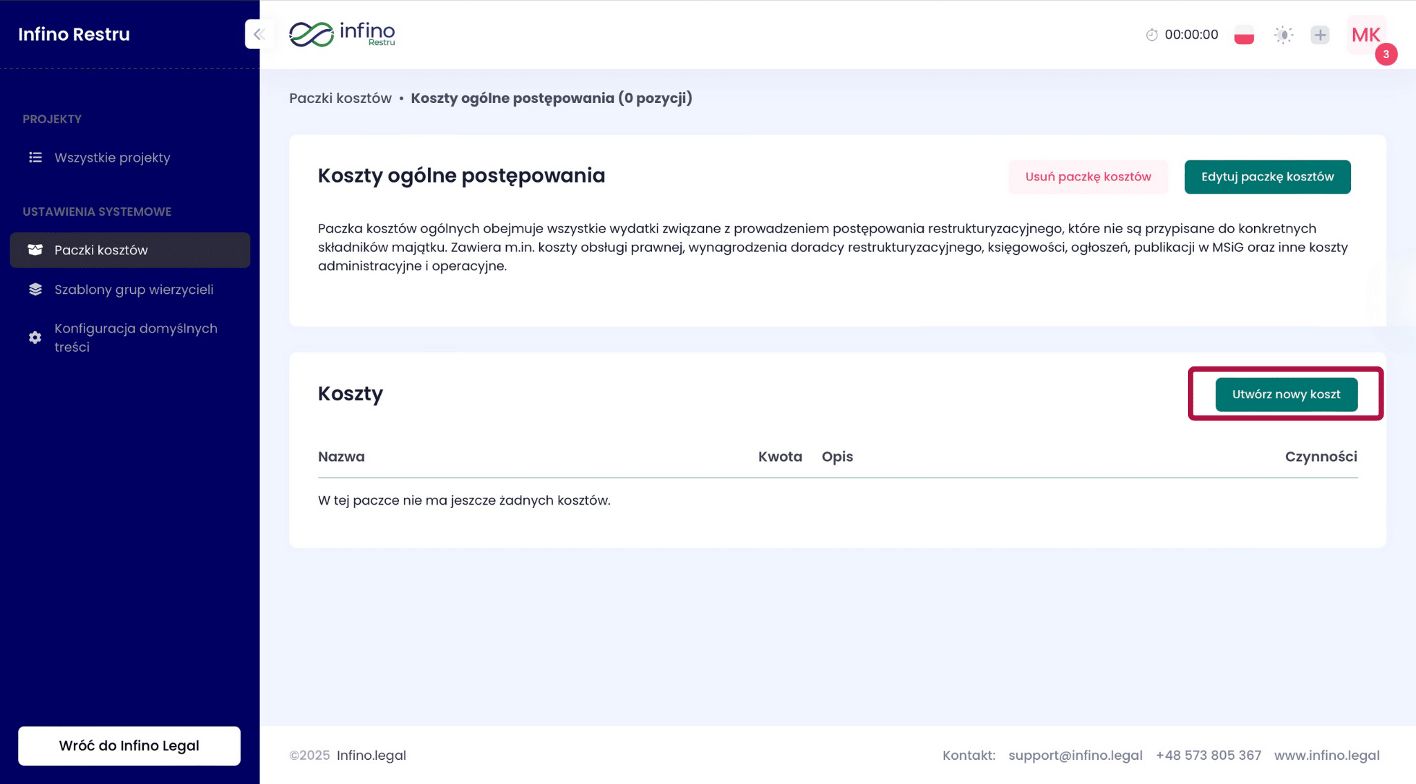 Szczegóły paczki kosztów w Infino Restru – sekcja „Koszty” i przycisk „Utwórz nowy koszt”.