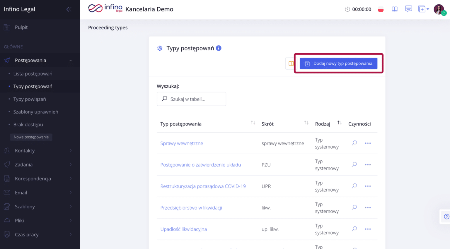 Infino Legal – lista typów postępowań w module Postępowania z przyciskiem „Dodaj nowy typ postępowania”.