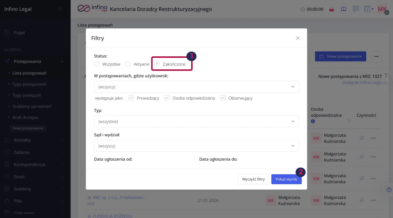 Filtr listy postępowań w Infino Legal z ustawionym statusem „Zakończone”.