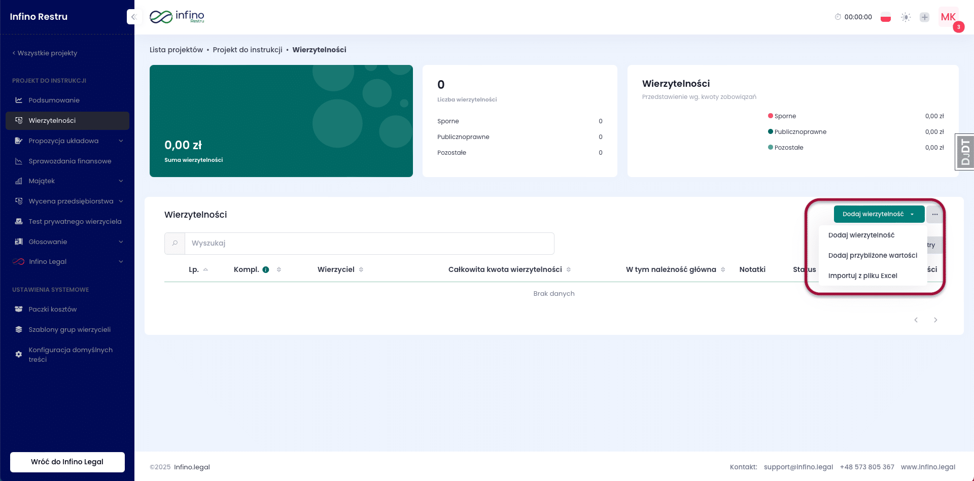 Zakładka „Wierzytelności” w Infino Restru – menu dodawania wierzytelności (ręcznie, przybliżone wartości, import z Excela).
