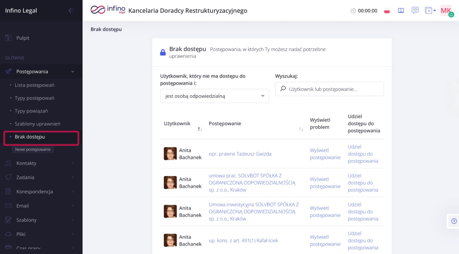 Infino Legal – zakładka „Brak dostępu” dostępna jako podkategoria w module Postępowania.
