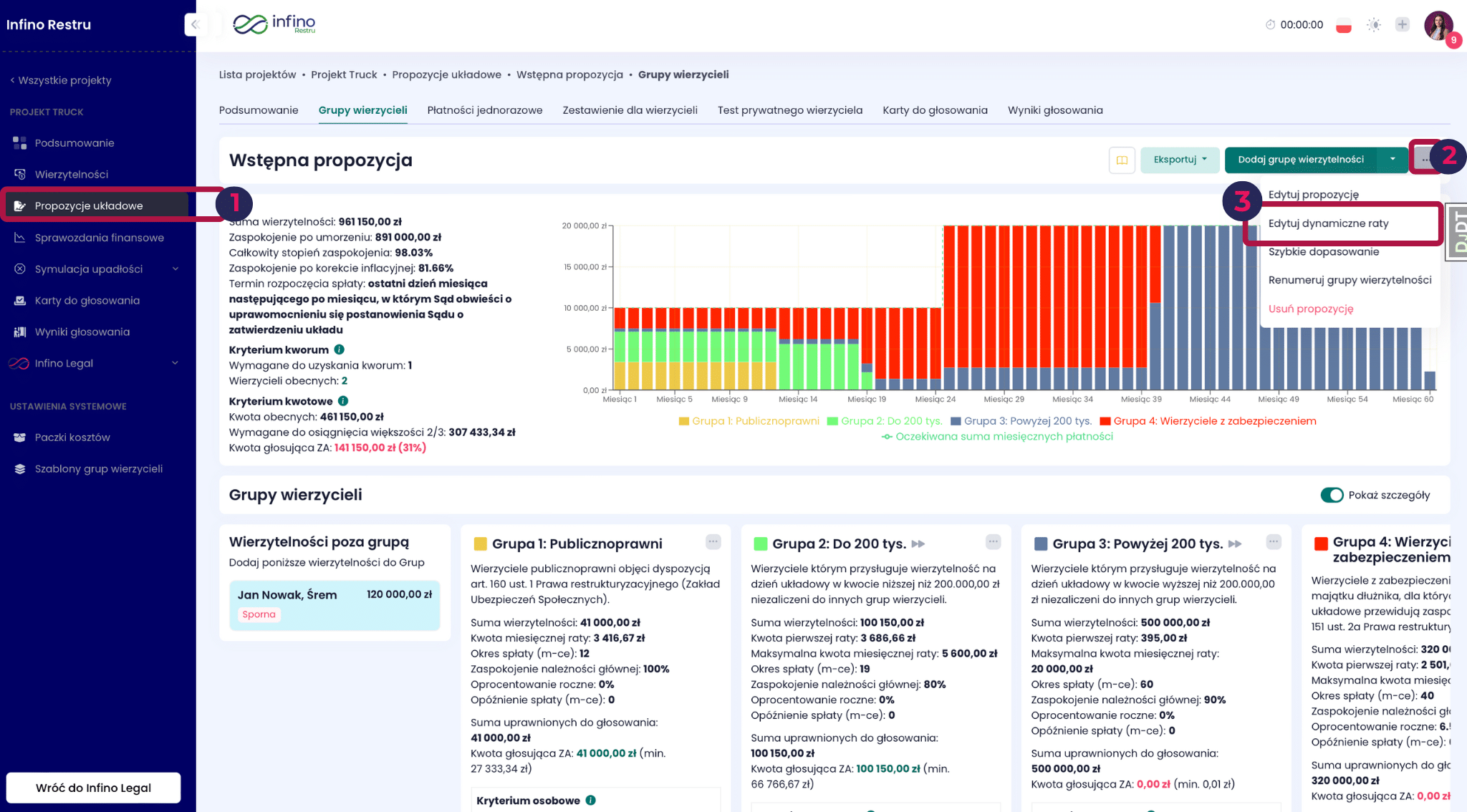 Propozycja układowa w Infino Restru – menu z opcją „Edytuj dynamiczne raty”.
