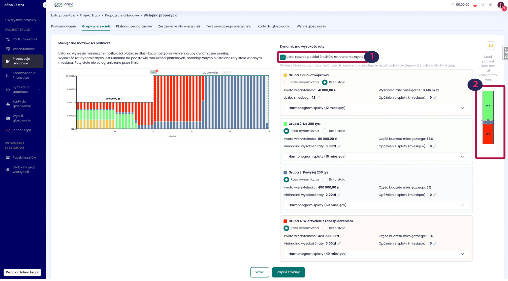 Edycja dynamicznych rat w Infino Restru – ręczny podział środków rat dynamicznych (checkbox i suwak udziału).