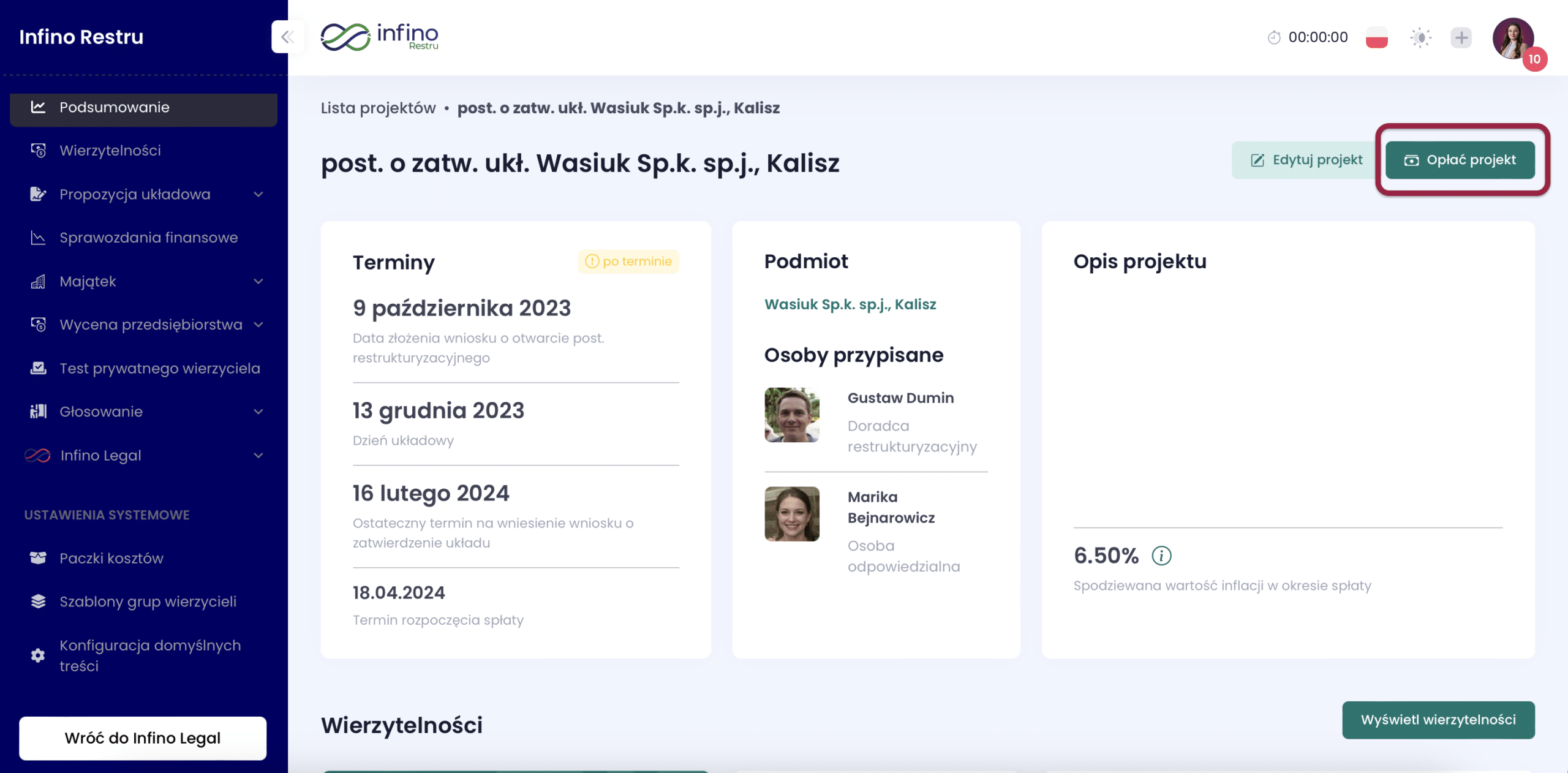 Ekran Podsumowanie projektu w Infino Restru – przycisk „Opłać projekt” w prawym górnym rogu.
