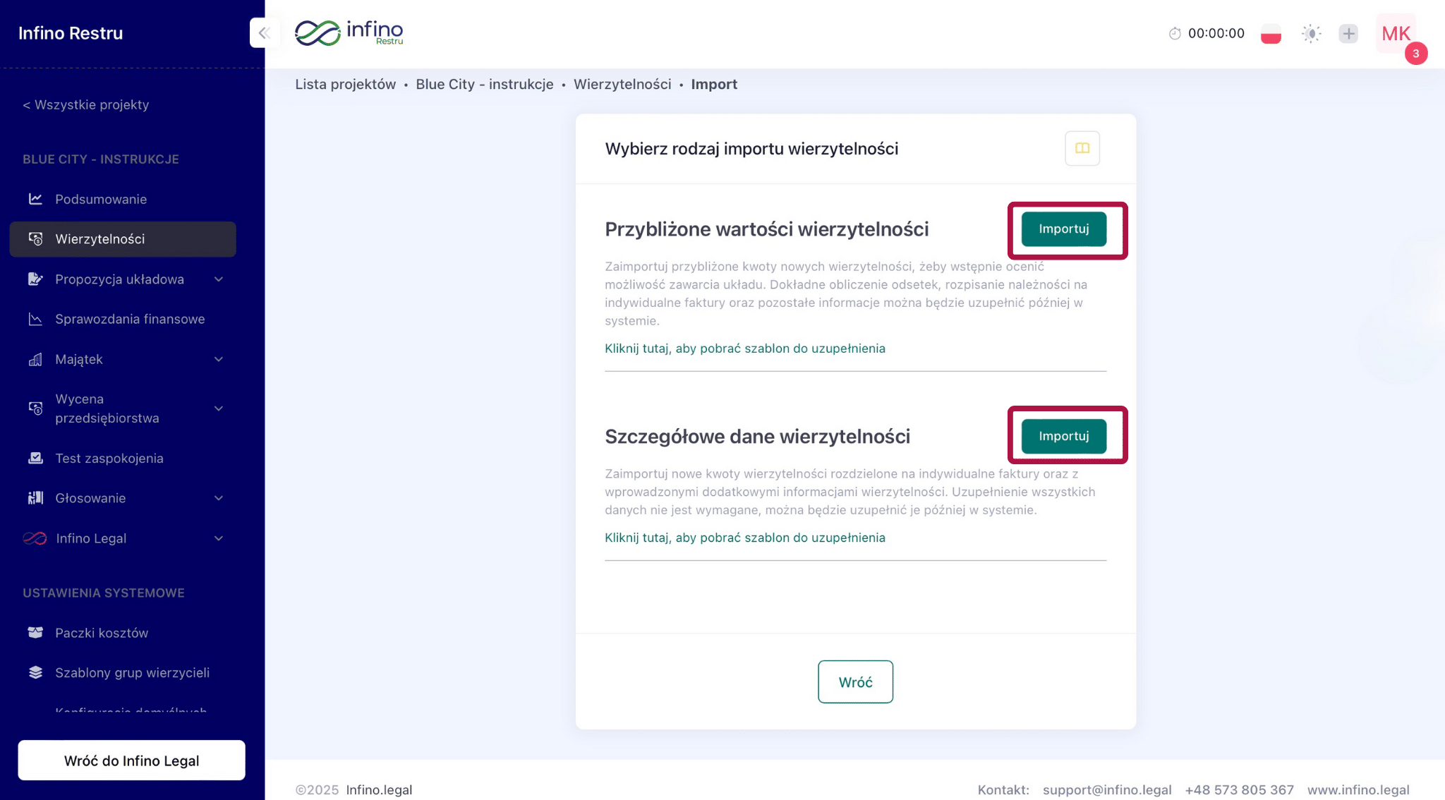Import wierzytelności w Infino Restru – wybór importu przybliżonych lub szczegółowych danych z pliku Excel.
