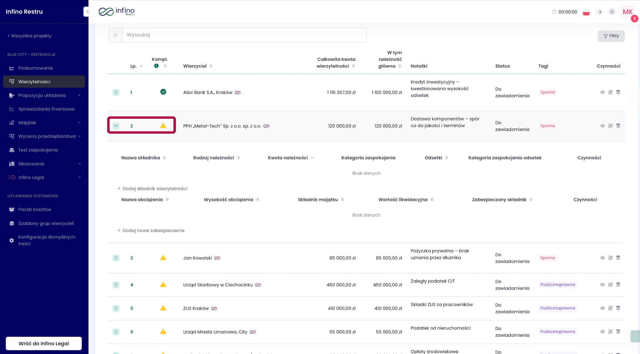 Lista wierzytelności w Infino Restru – oznaczenie niekompletnej pozycji (ikona ostrzegawcza).