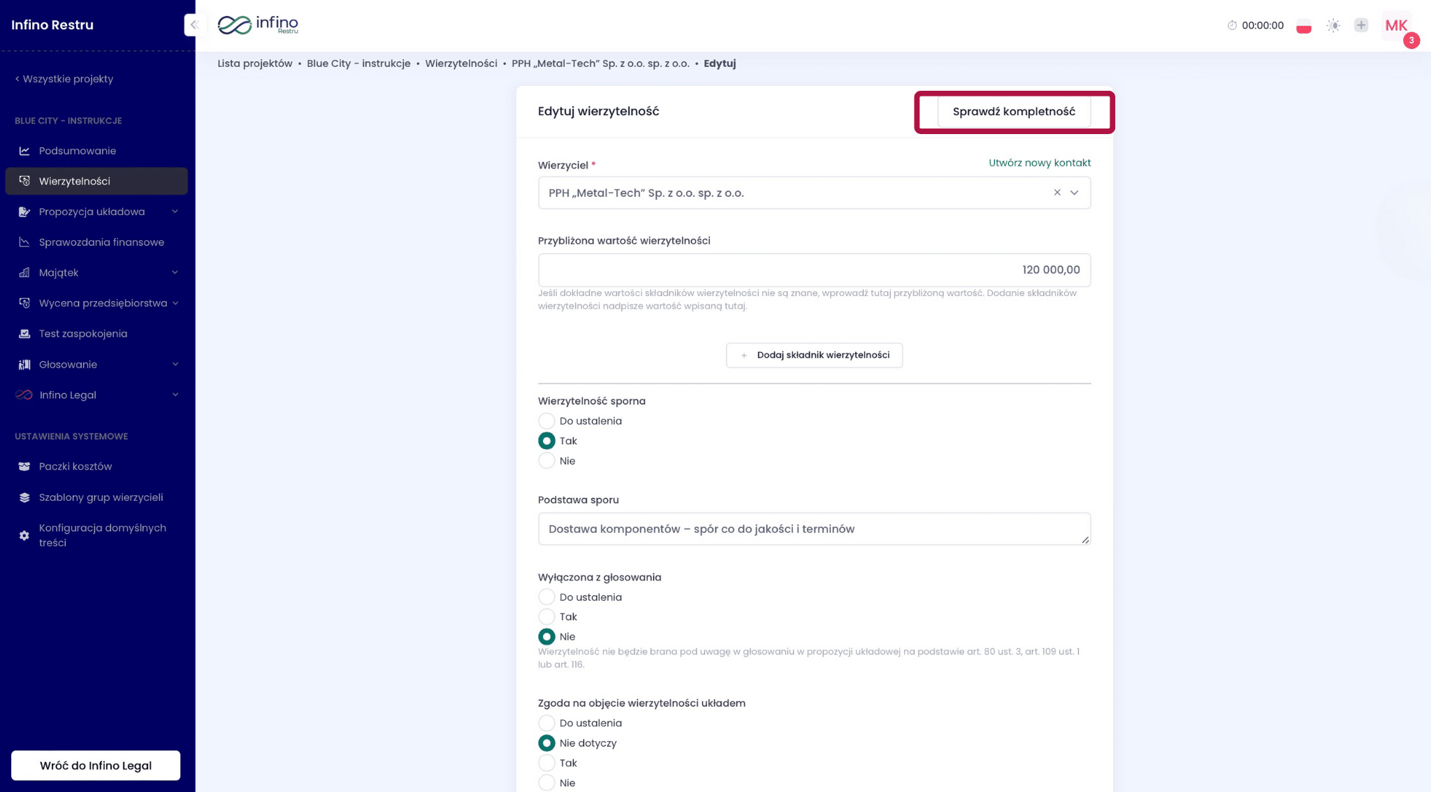 Edycja wierzytelności w Infino Restru – przycisk „Sprawdź kompletność” w formularzu.