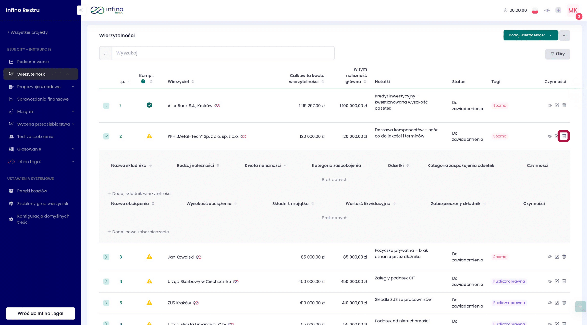 Lista wierzytelności w Infino Restru – ikona usuwania (kosz) przy pozycji.