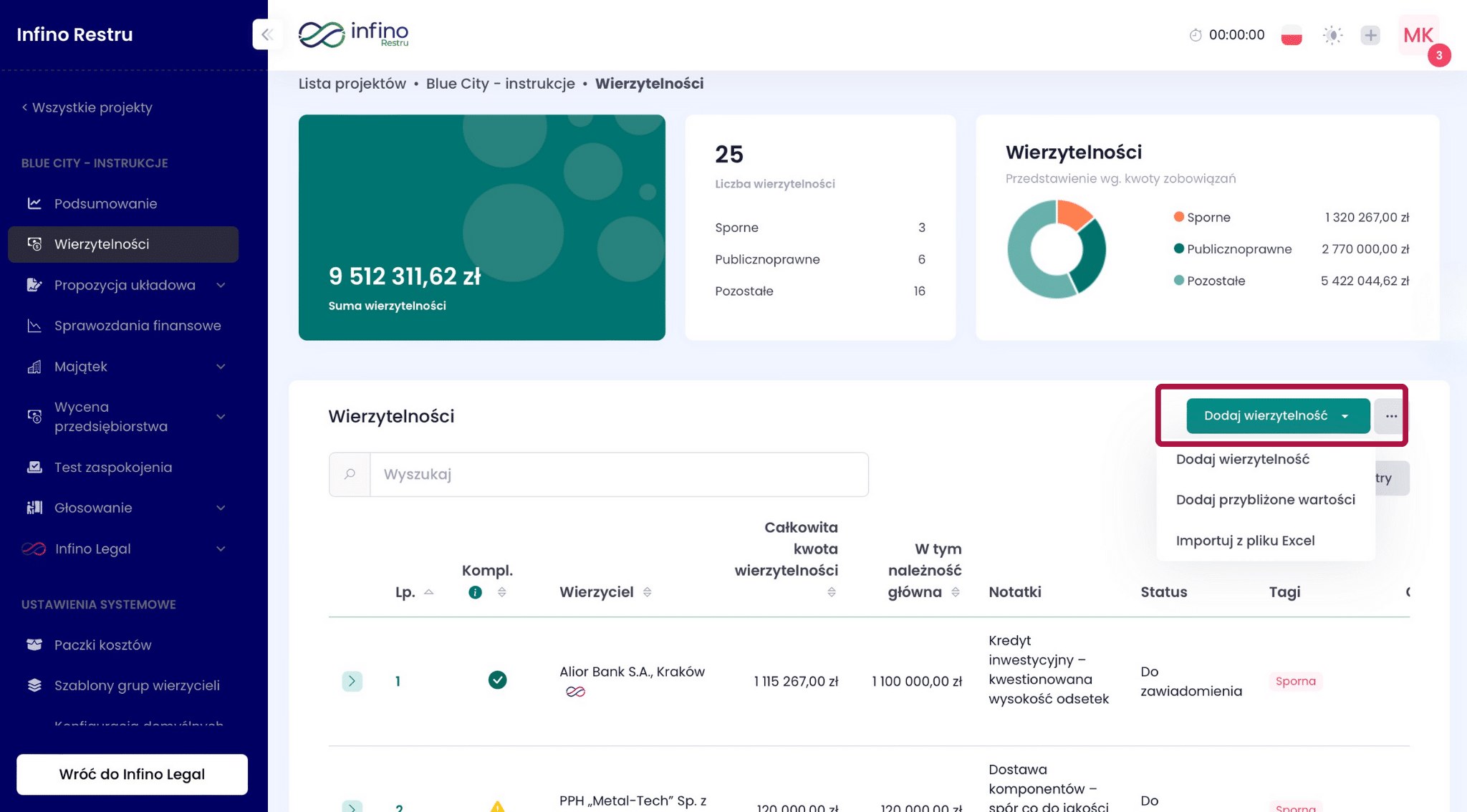 Lista „Wierzytelności” w Infino Restru – menu „Dodaj wierzytelność” z opcjami dodania i importu.