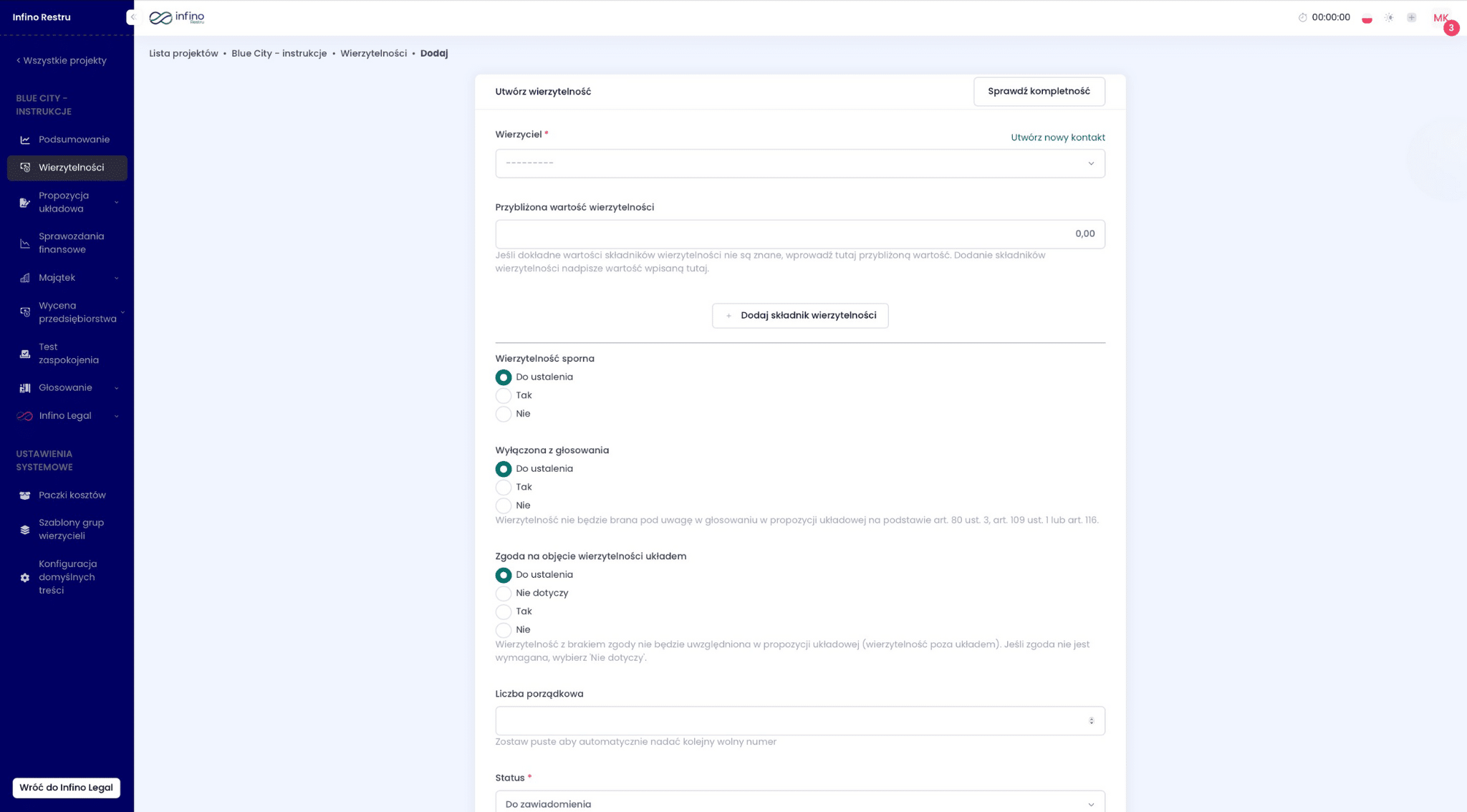 Formularz „Utwórz wierzytelność” w Infino Restru – wprowadzanie danych wierzyciela, kwot i statusów.