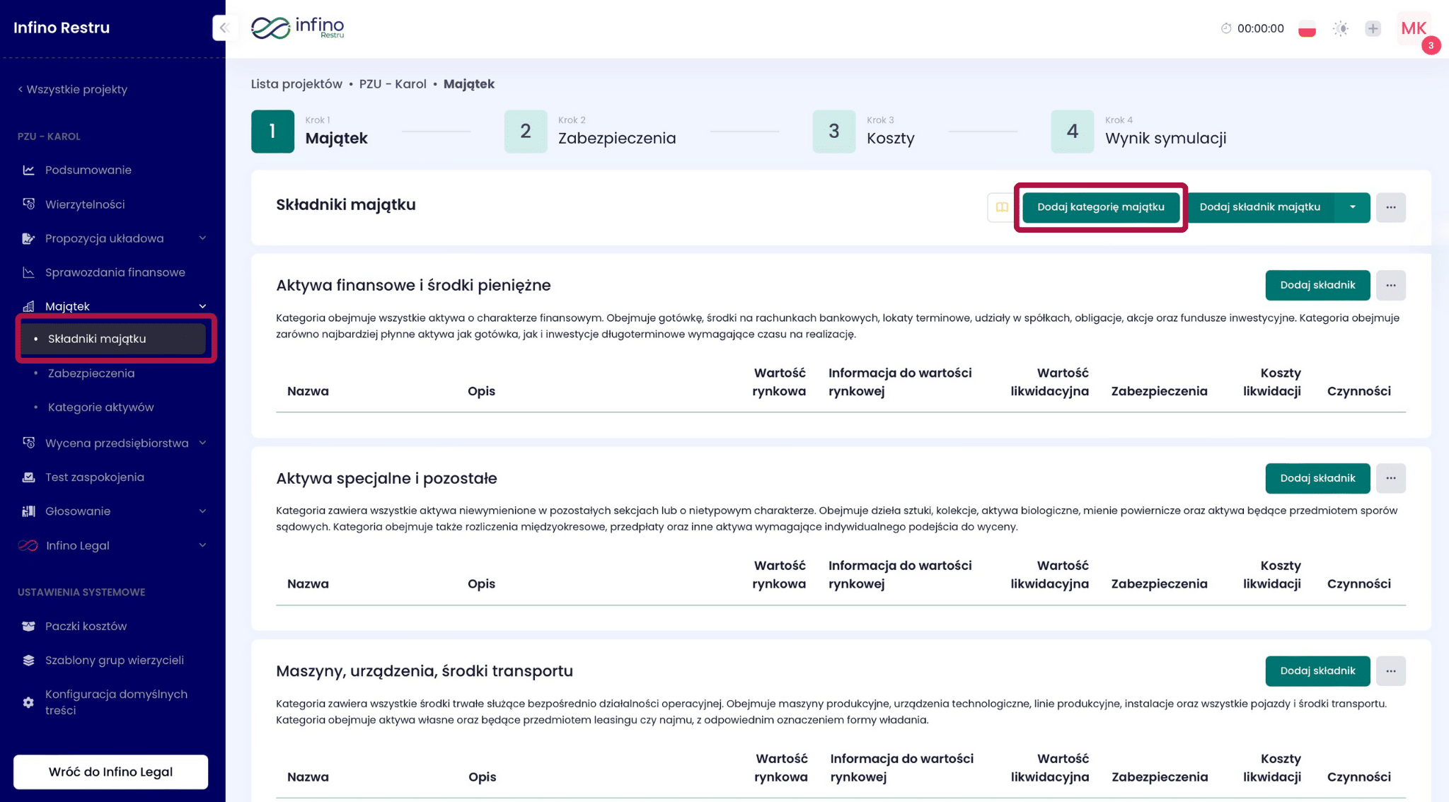 Zakładka „Składniki majątku” w Infino Restru – przycisk „Dodaj kategorię majątku”.