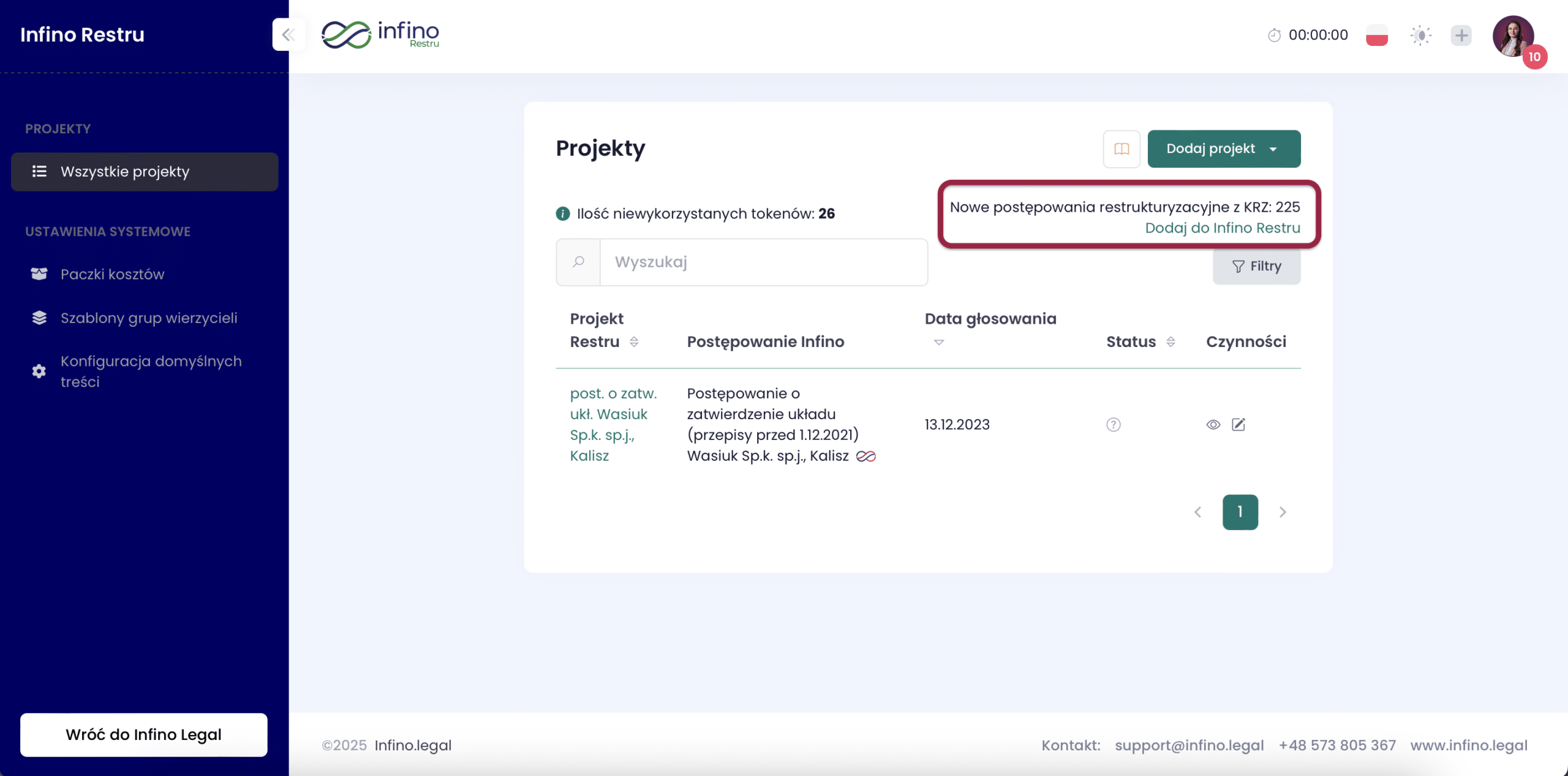 Lista projektów w Infino Restru – sekcja „Nowe postępowania restrukturyzacyjne z KRZ” z opcją „Dodaj do Infino Restru”.