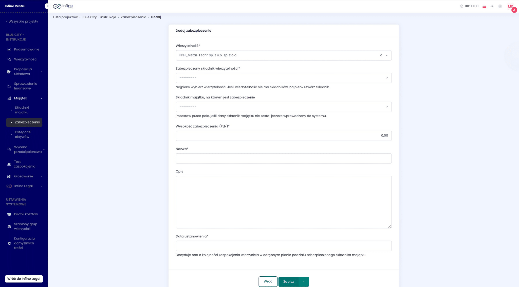 Formularz „Dodaj zabezpieczenie” w Infino Restru – powiązanie wierzytelności ze składnikiem majątku i uzupełnienie kwoty oraz daty.