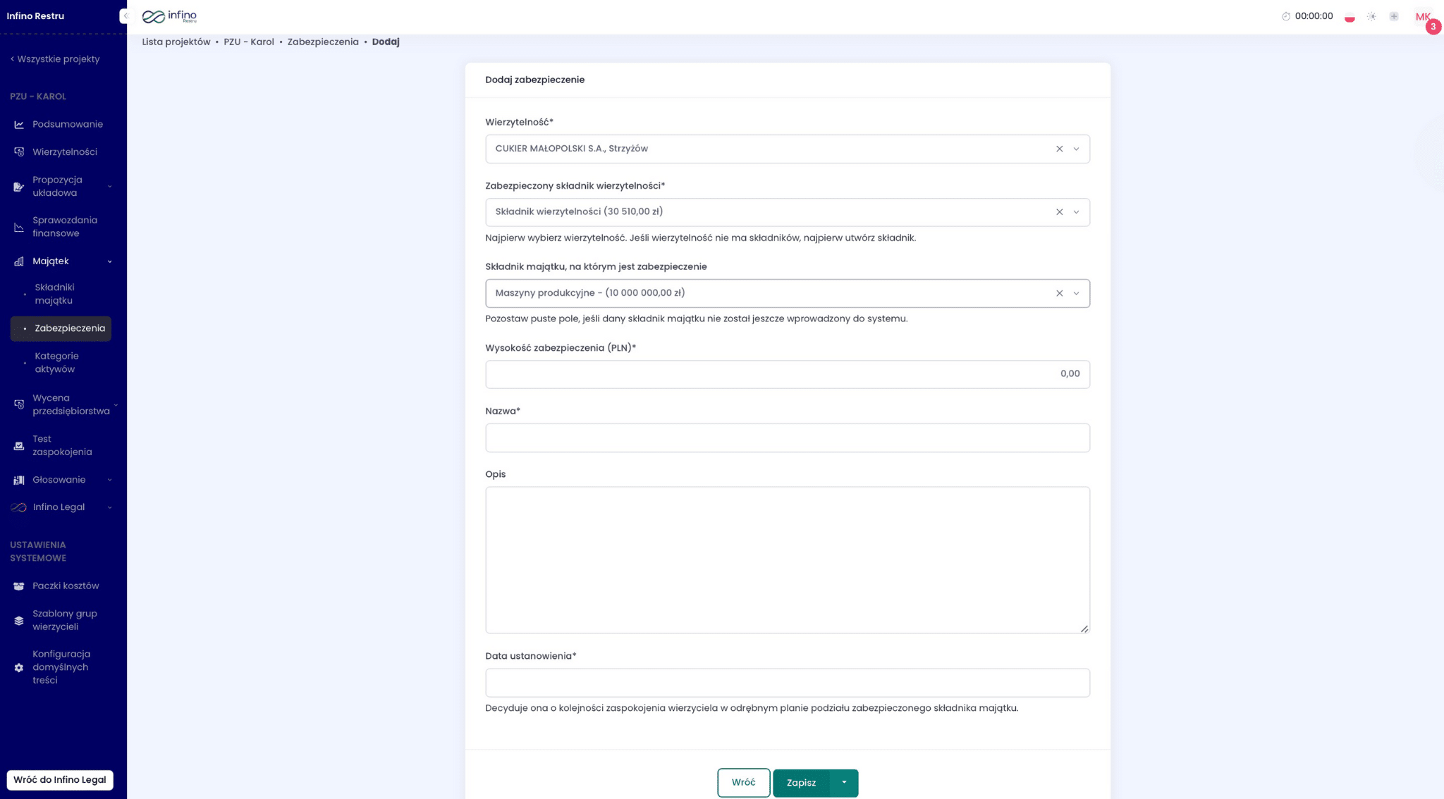 Formularz „Dodaj zabezpieczenie” w Infino Restru – powiązanie wierzytelności ze składnikiem majątku.