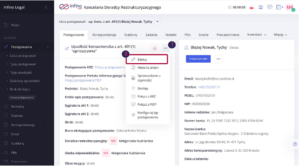 Infino Legal – karta postępowania z rozwiniętym menu trzech kropek i opcją „Edytuj”.