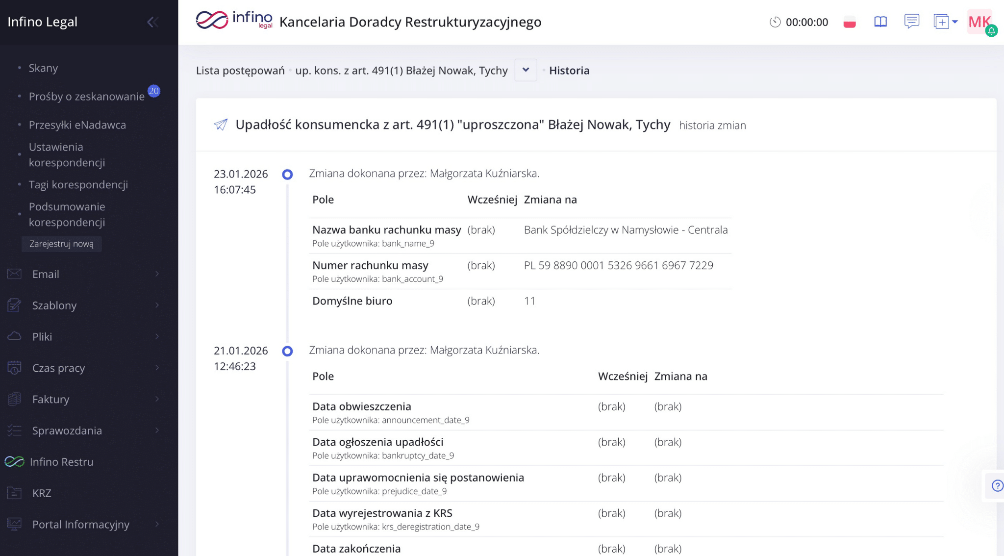 Infino Legal – historia zmian postępowania z datą, użytkownikiem, nazwą pola oraz wartościami „Wcześniej” i „Zmiana na”.