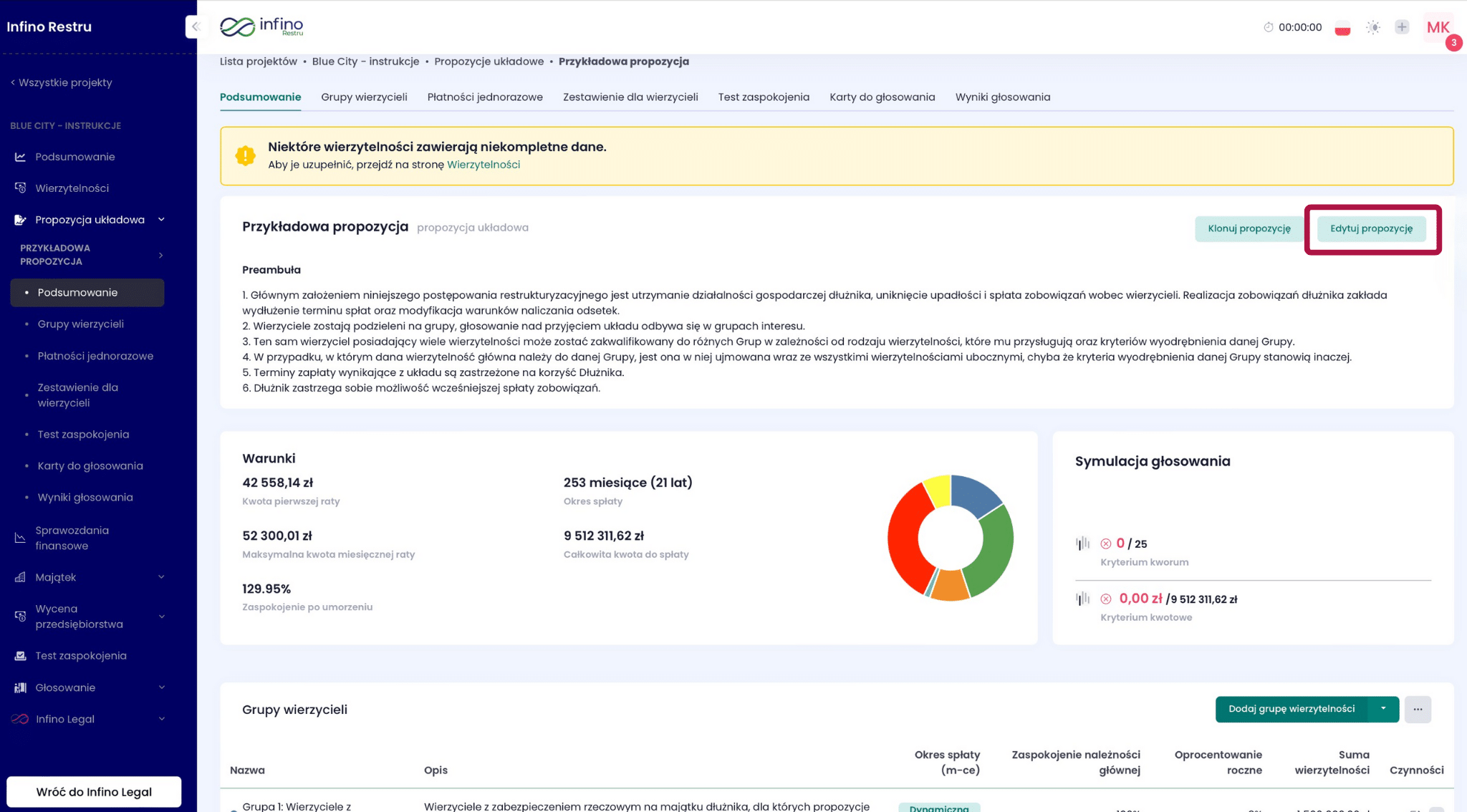 Podsumowanie propozycji układowej w Infino Restru – przycisk „Edytuj propozycję” do edycji preambuły dla tej propozycji.