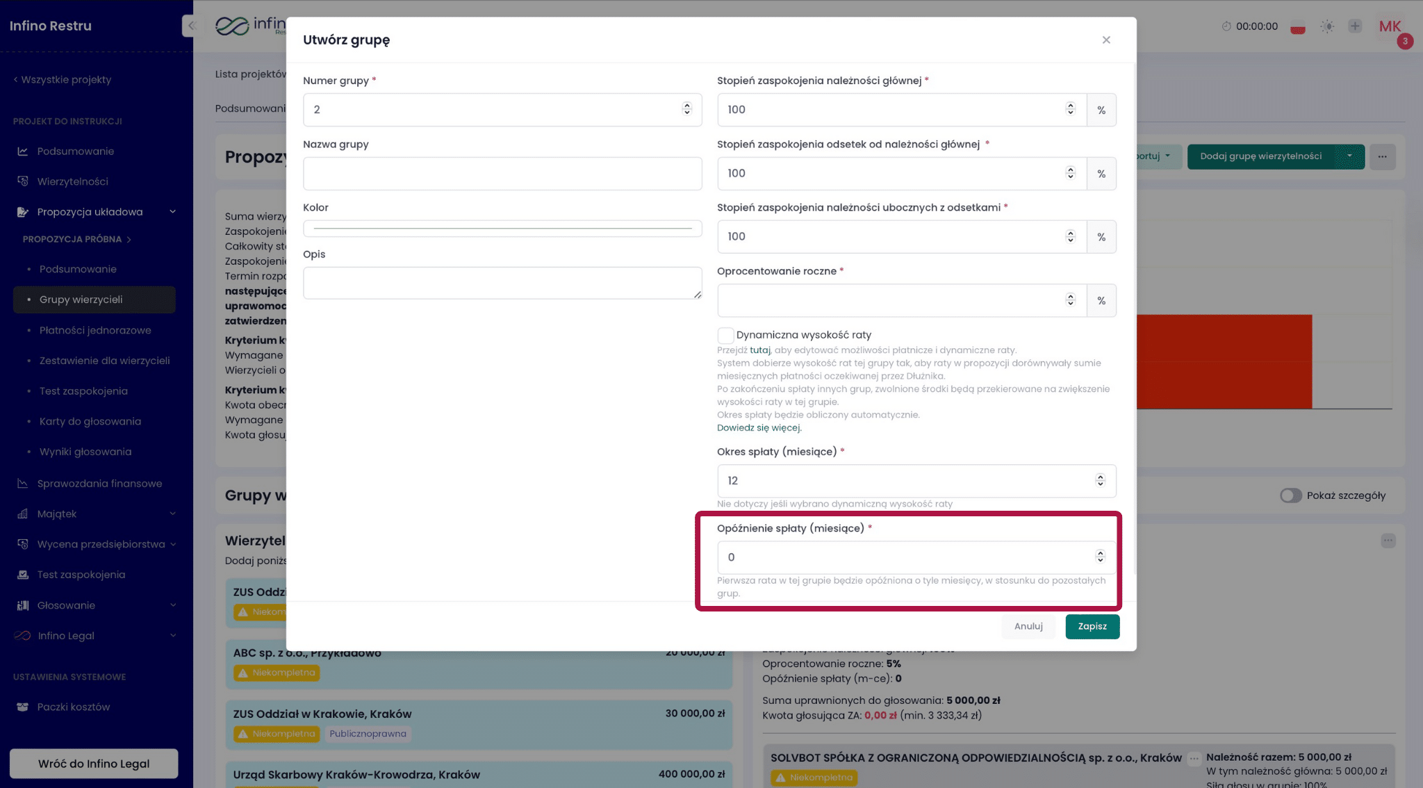 Okno „Utwórz grupę” w Infino Restru – pole „Opóźnienie spłaty (miesiące)” do ustawienia karencji pierwszej raty.