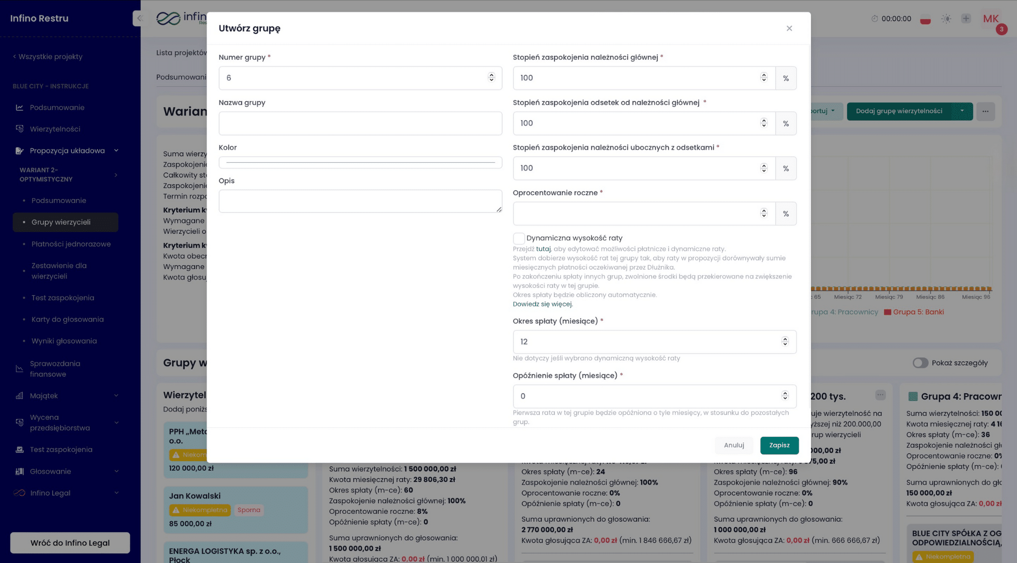 Okno „Utwórz grupę” w Infino Restru – parametry grupy i warunki spłaty.