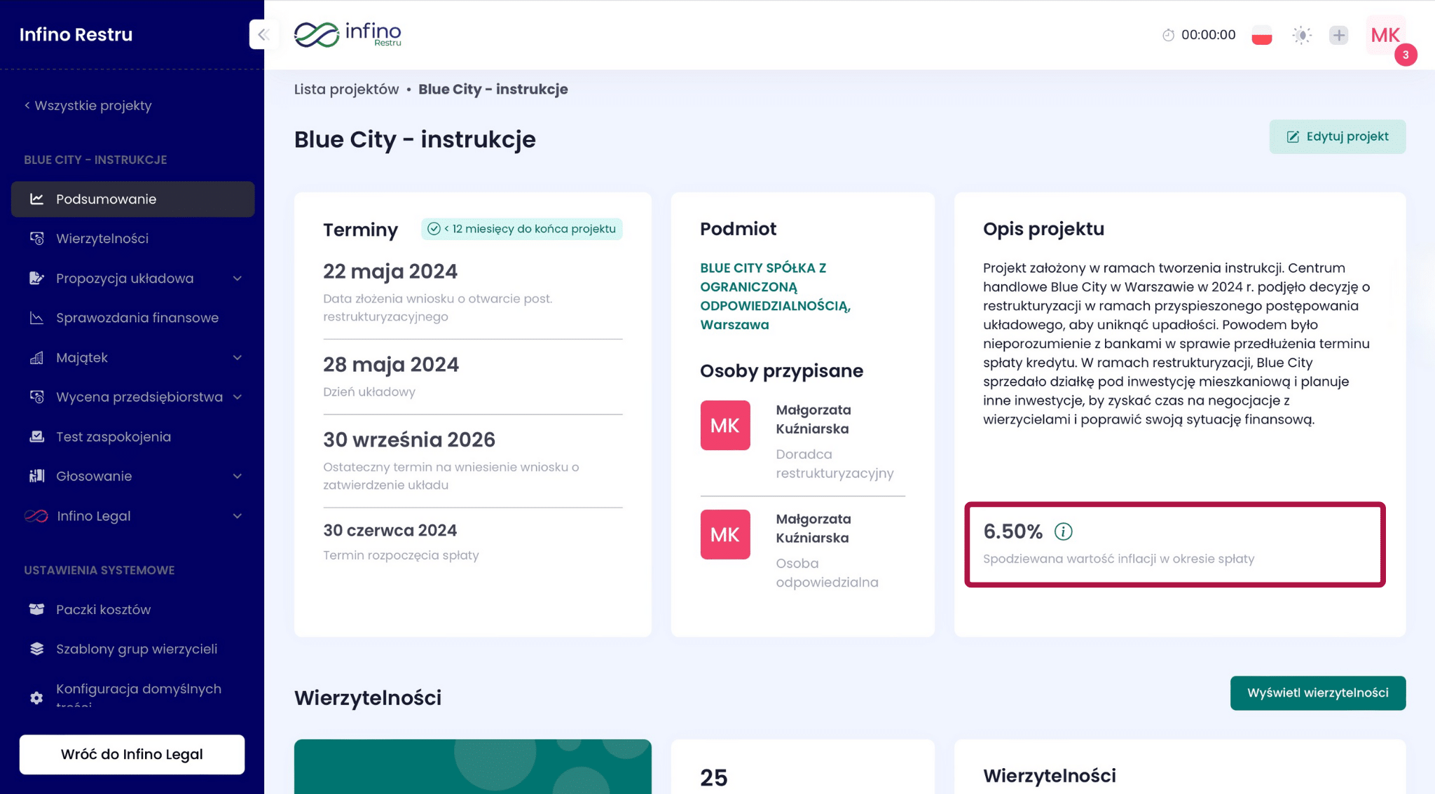 Edycja projektu w Infino Restru – pole „Spodziewana wartość inflacji w okresie spłaty” do włączenia korekty inflacyjnej.