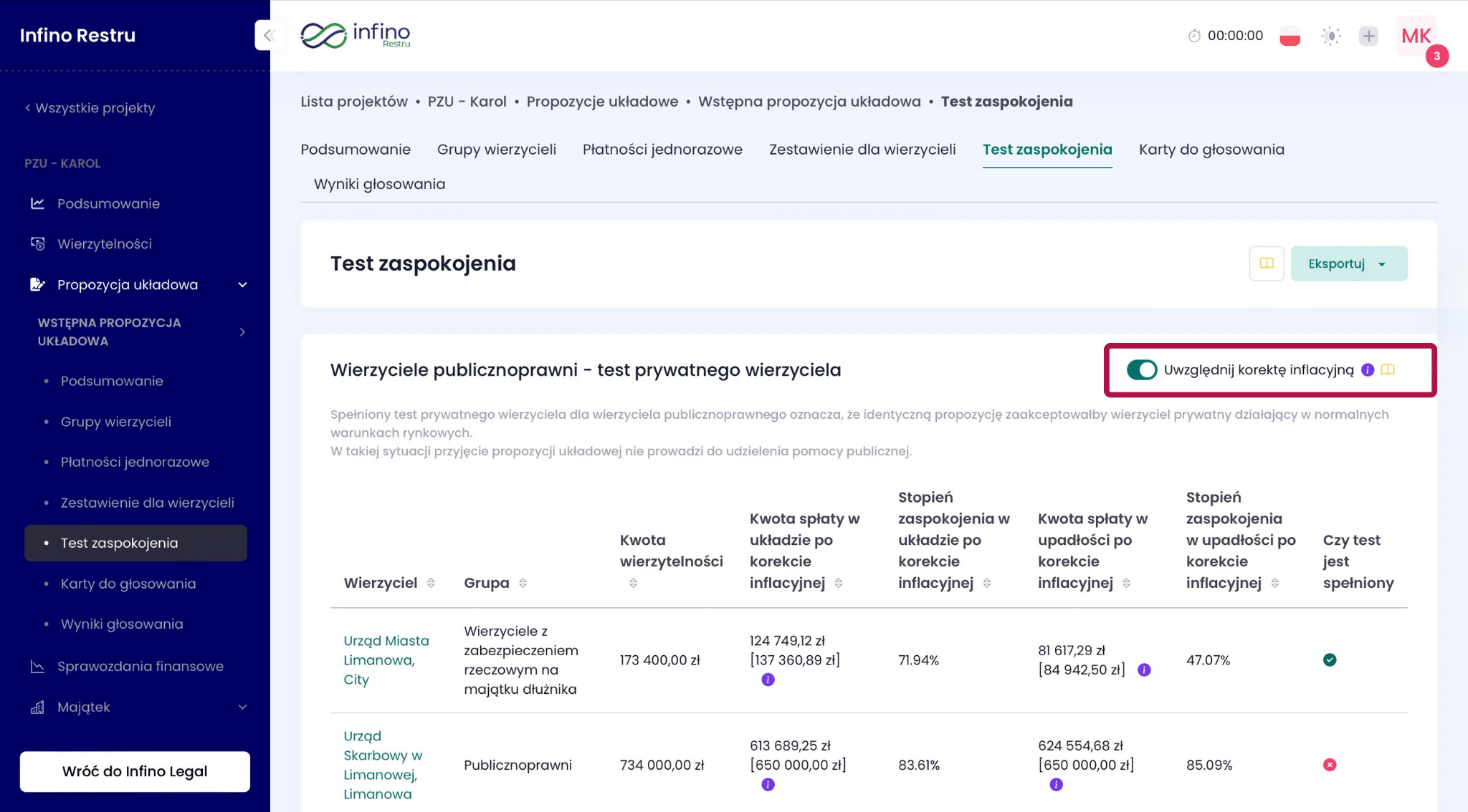 Test zaspokojenia w Infino Restru – przełącznik „Uwzględnij korektę inflacyjną” do przeliczenia wyników.