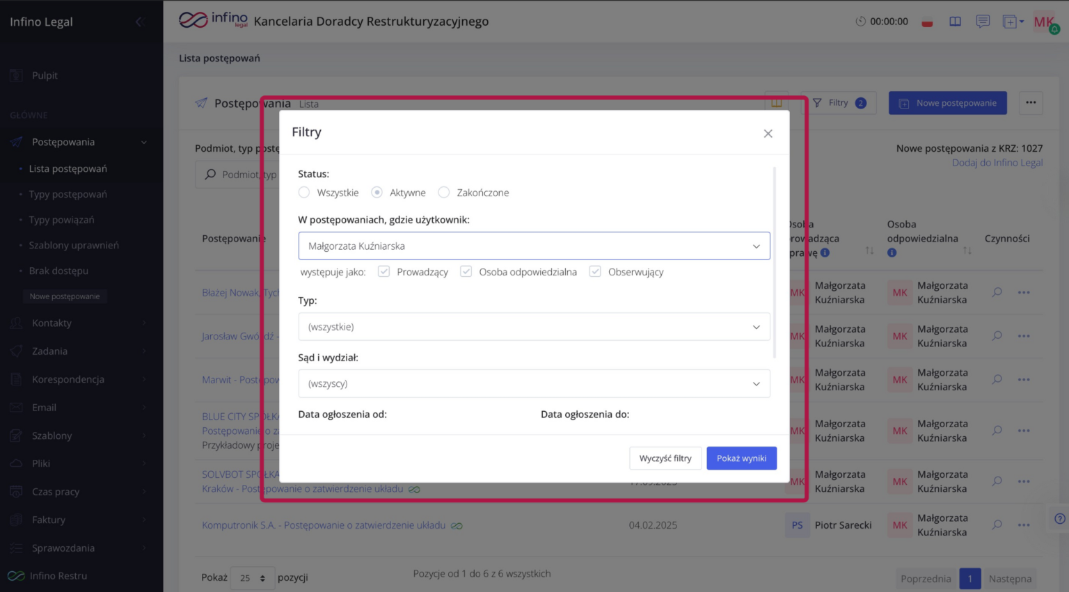 Infino Legal – okno „Filtry” na liście postępowań (np. status, typ, data utworzenia), które decyduje o zakresie eksportu do Excela.