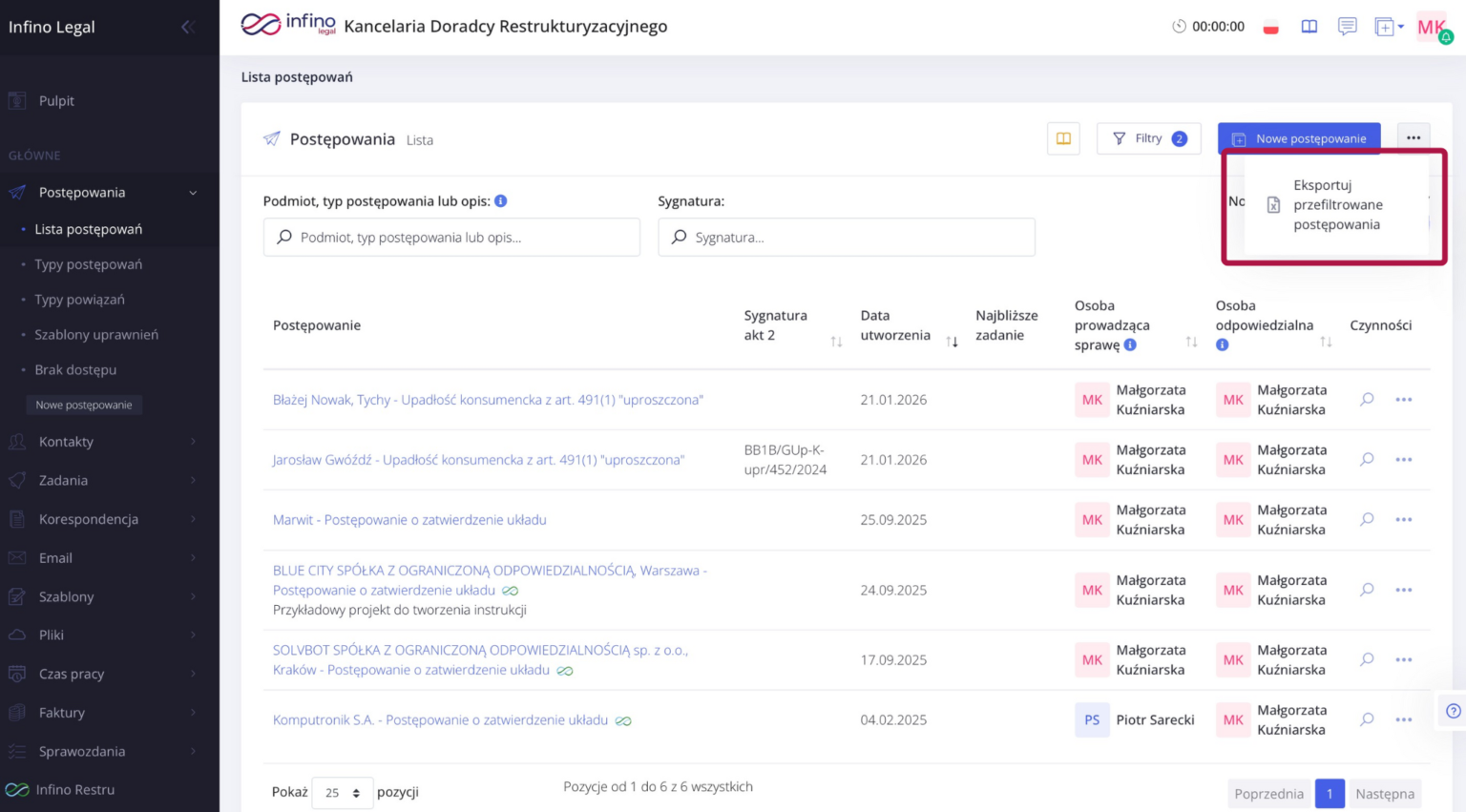 Infino Legal – lista postępowań z menu trzech kropek i opcją „Eksportuj widoczne postępowania” do pliku Excel.