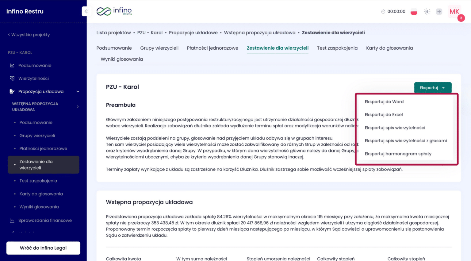 Zakładka „Zestawienie dla wierzycieli” w Infino Restru – menu „Eksportuj” z wyborem rodzaju zestawienia (Word, Excel, spisy, harmonogram).