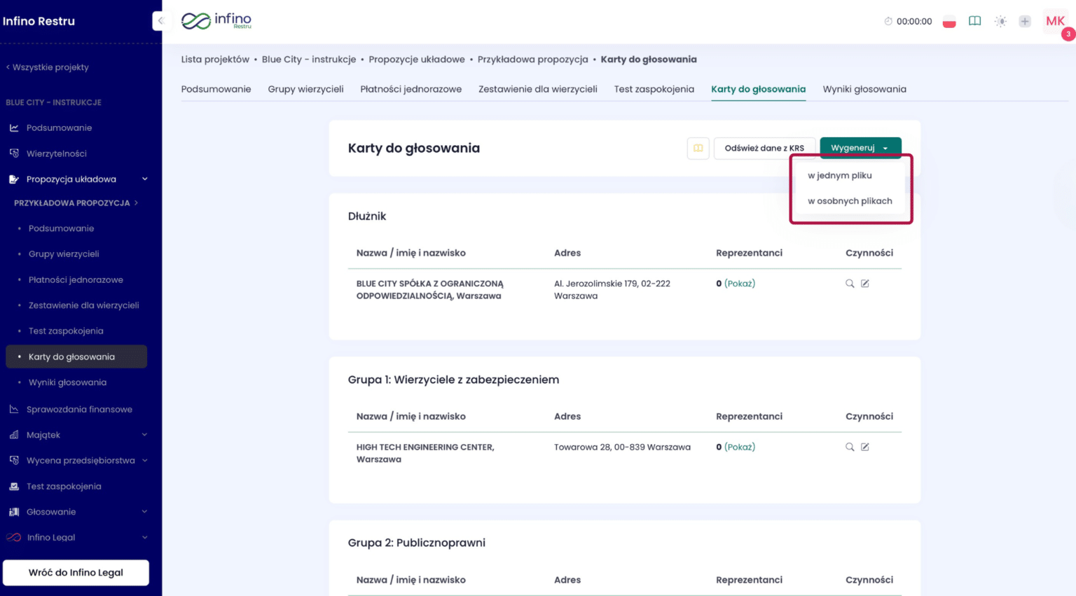 Infino Restru – zakładka „Karty do głosowania” z rozwiniętym przyciskiem „Wygeneruj” i opcjami: w jednym pliku lub w osobnych plikach.