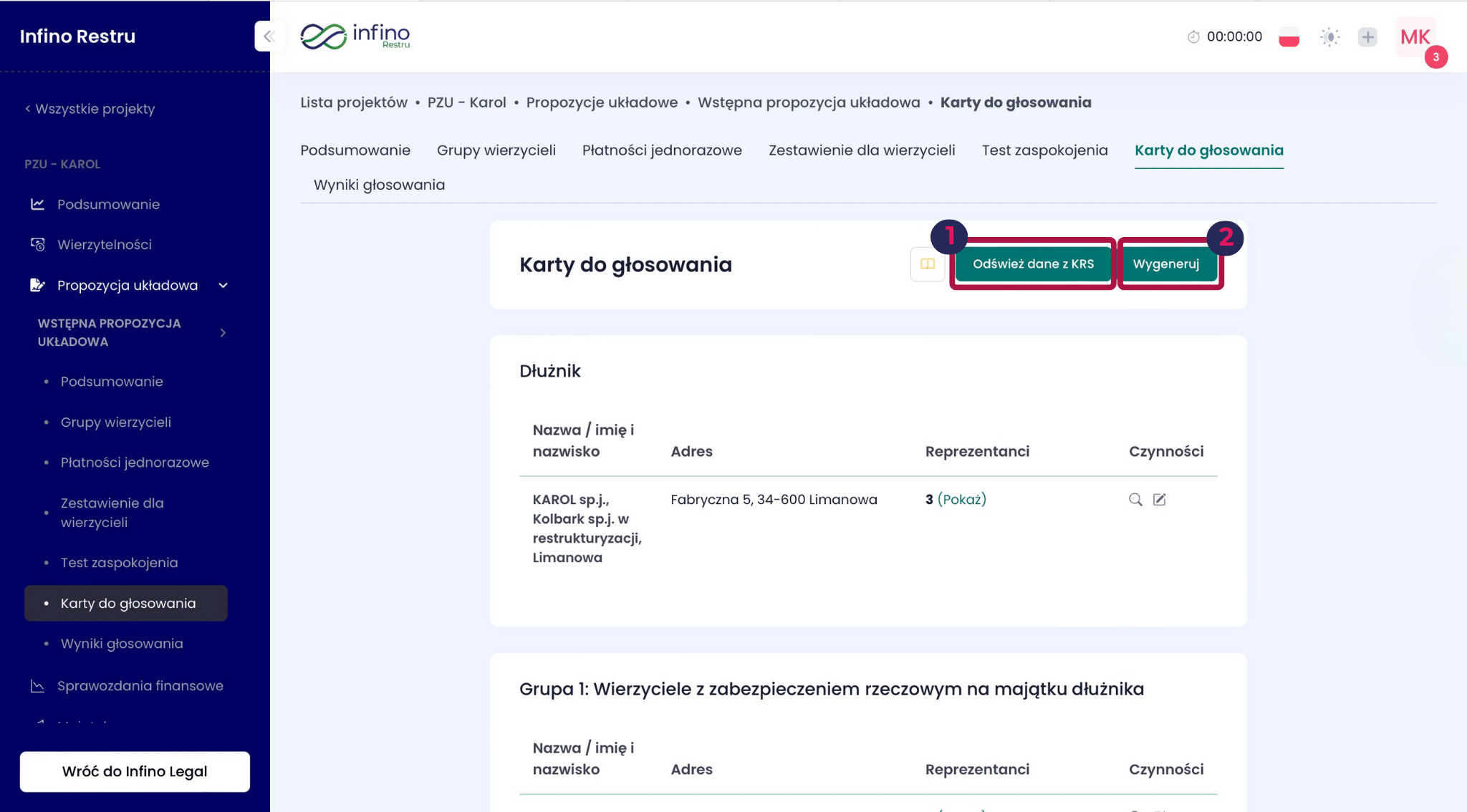 Zakładka „Karty do głosowania” w Infino Restru – przyciski „Odśwież dane z KRS” oraz „Wygeneruj”.