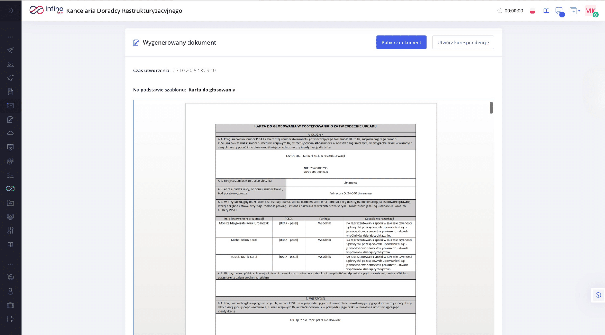 Podgląd wygenerowanych kart do głosowania w Infino Restru – przycisk „Pobierz dokument”.