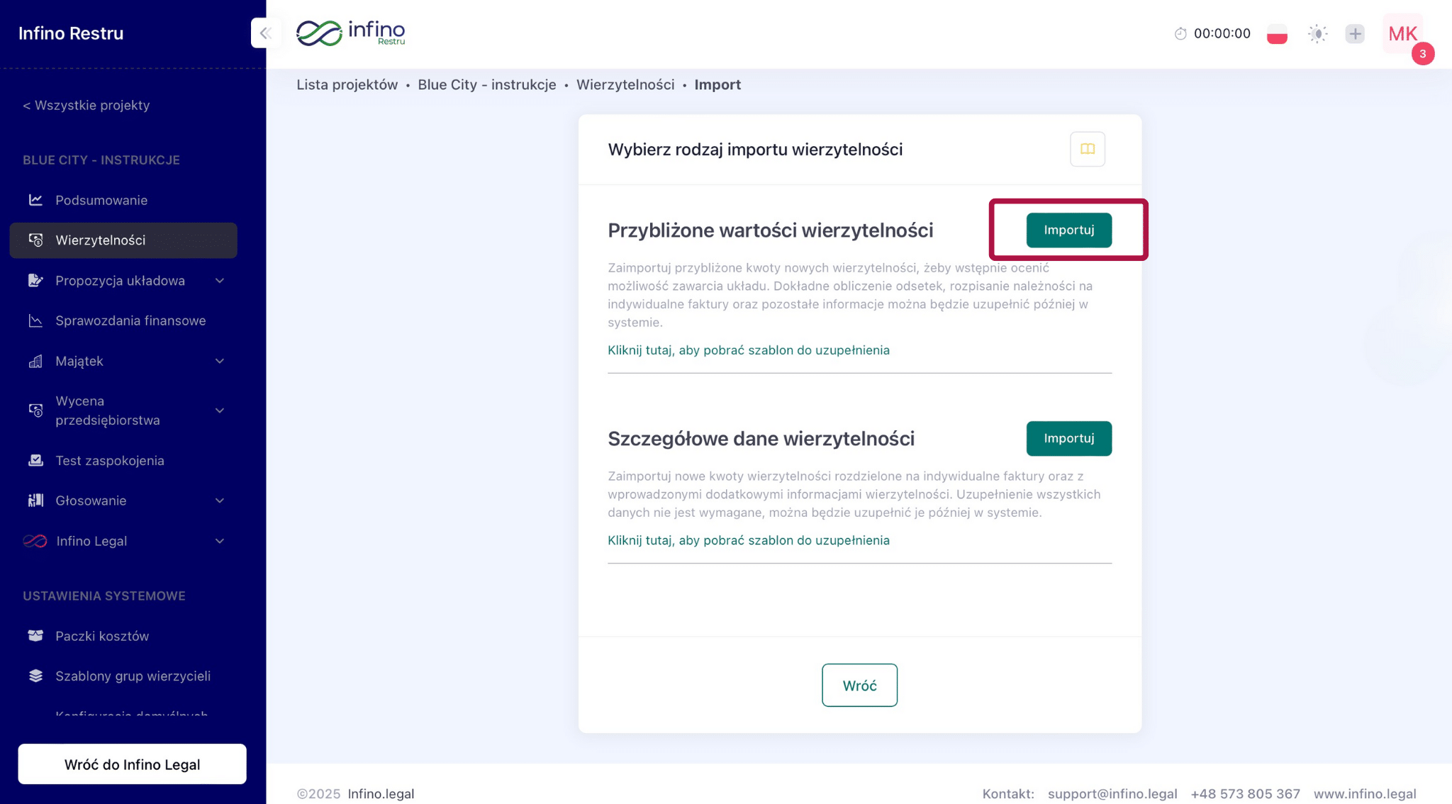 Wybór rodzaju importu wierzytelności w Infino Restru – „Przybliżone wartości wierzytelności” i przycisk „Importuj”.