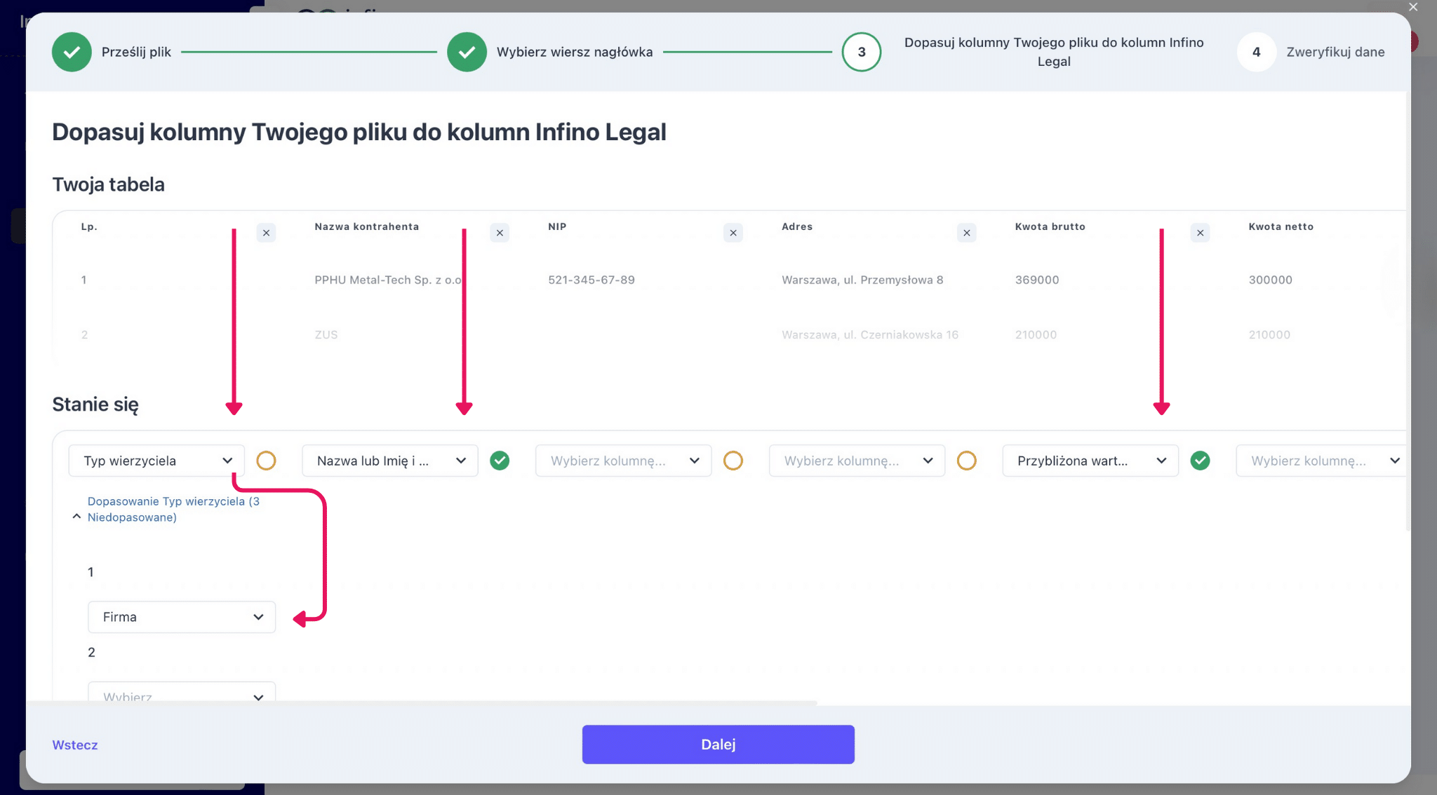 Import wierzytelności w Infino Restru – dopasowanie kolumn Excela do pól systemu (typ wierzyciela, nazwa wierzyciela, kwota).