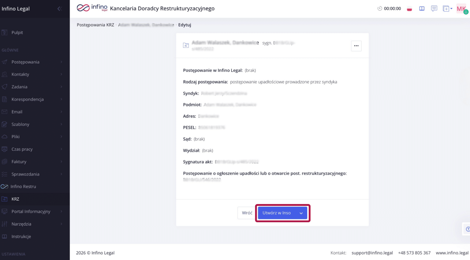Podsumowanie danych pobranych z KRZ w Infino Legal przed połączeniem/utworzeniem postępowania w Infino.