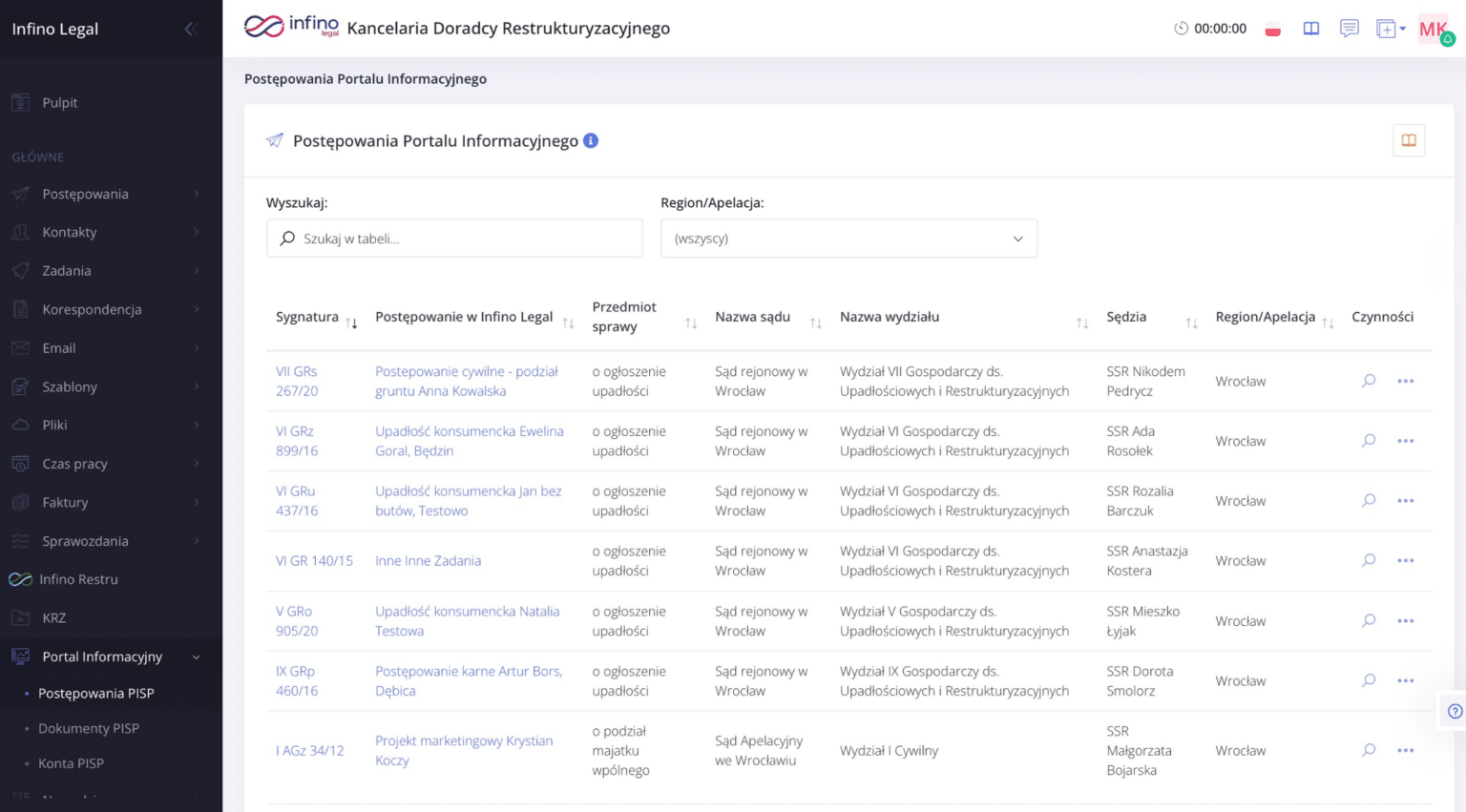 Lista postępowań z Portalu Informacyjnego Sądów Powszechnych (PISP) w Infino Legal.