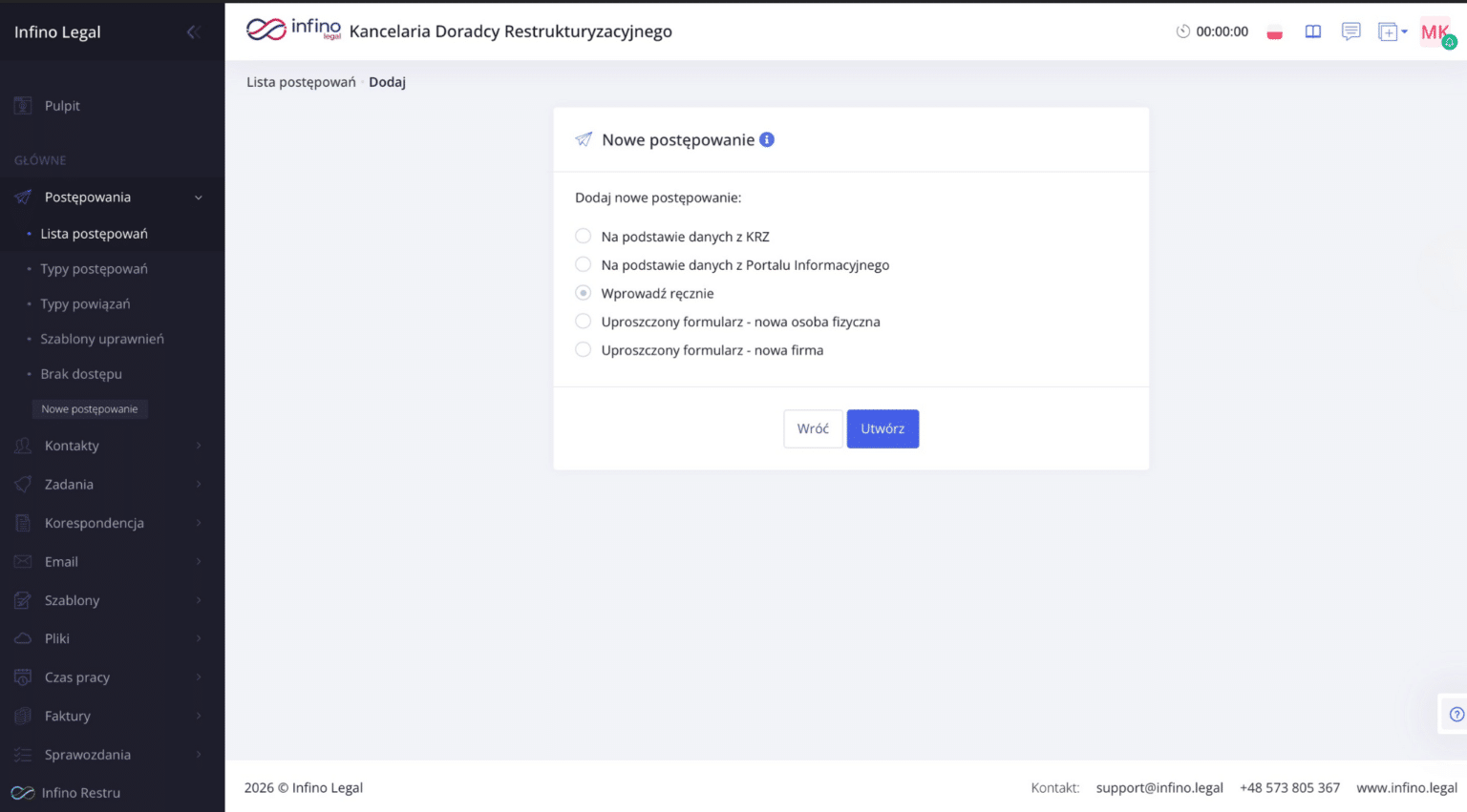 Ekran wyboru sposobu wprowadzenia postępowania w Infino Legal z opcją „Wprowadź ręcznie”.