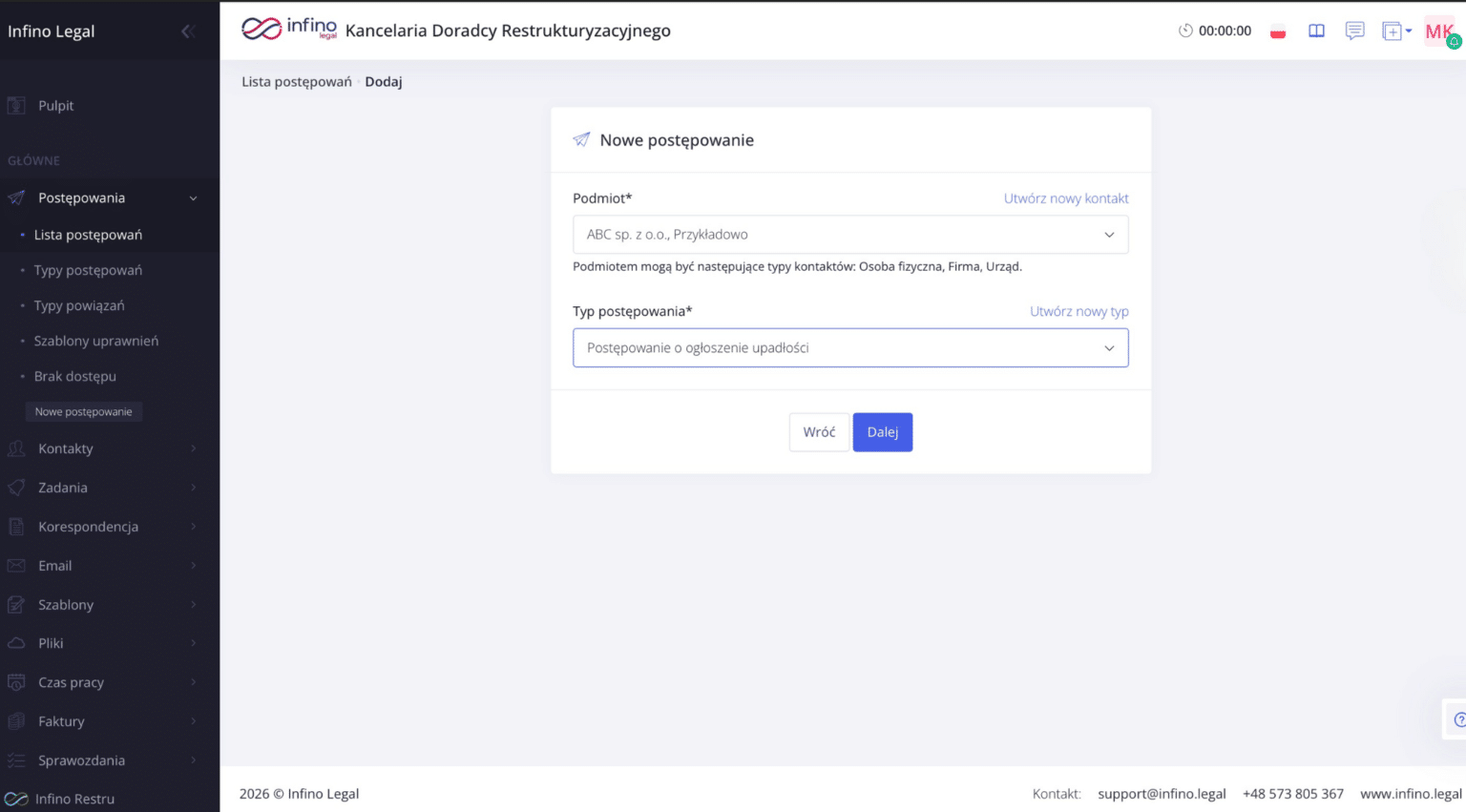 Formularz ręcznego tworzenia postępowania w Infino Legal (podstawowe dane i typ postępowania).