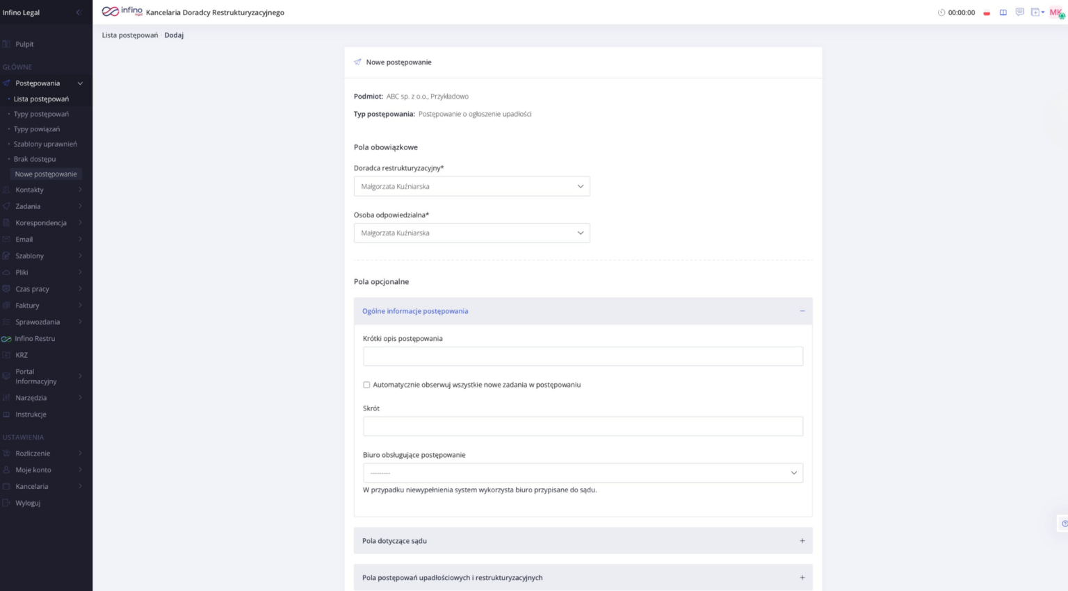 Formularz postępowania w Infino Legal z dodatkowymi polami zależnymi od typu postępowania.