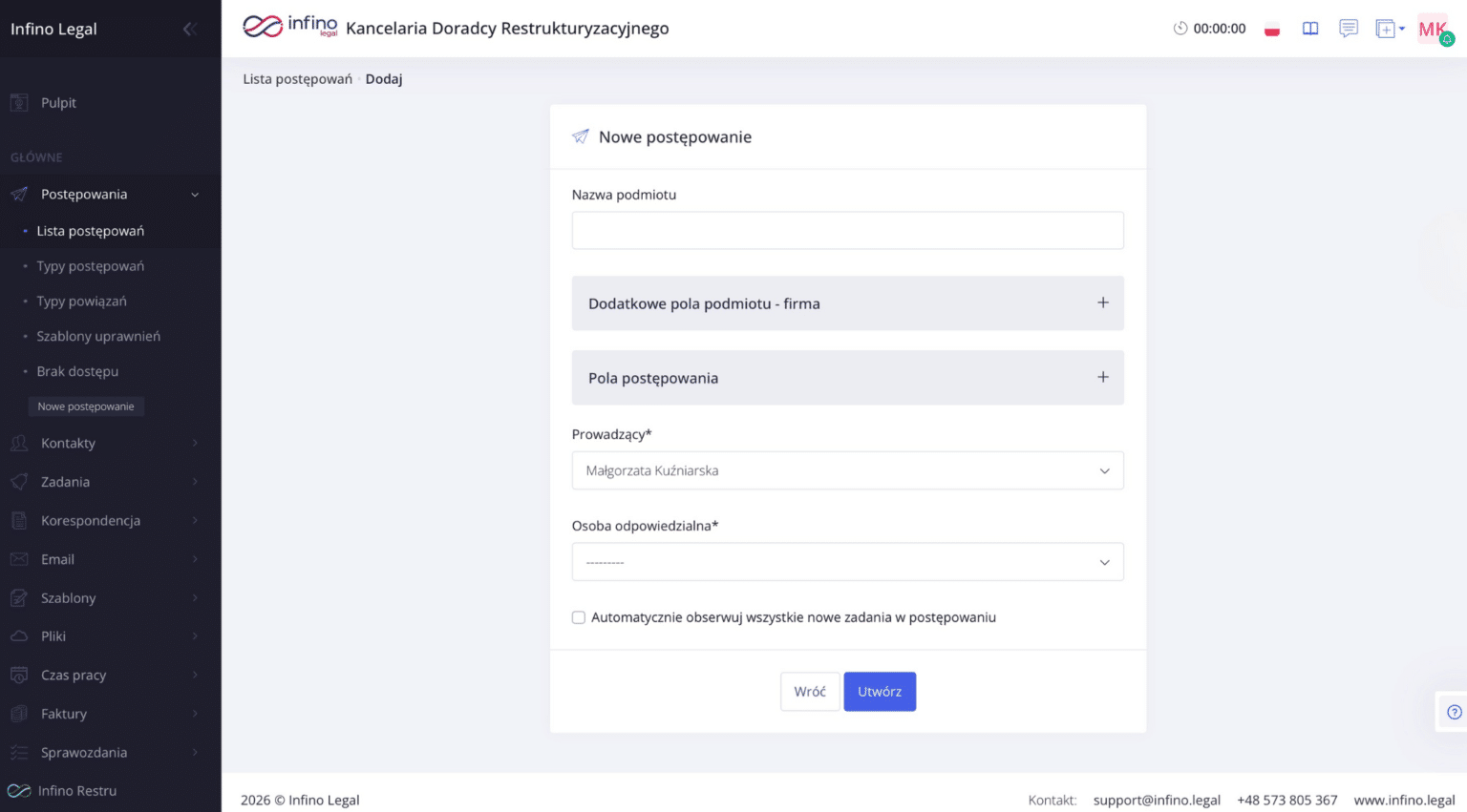 Uproszczony formularz utworzenia postępowania w Infino Legal dla firmy.