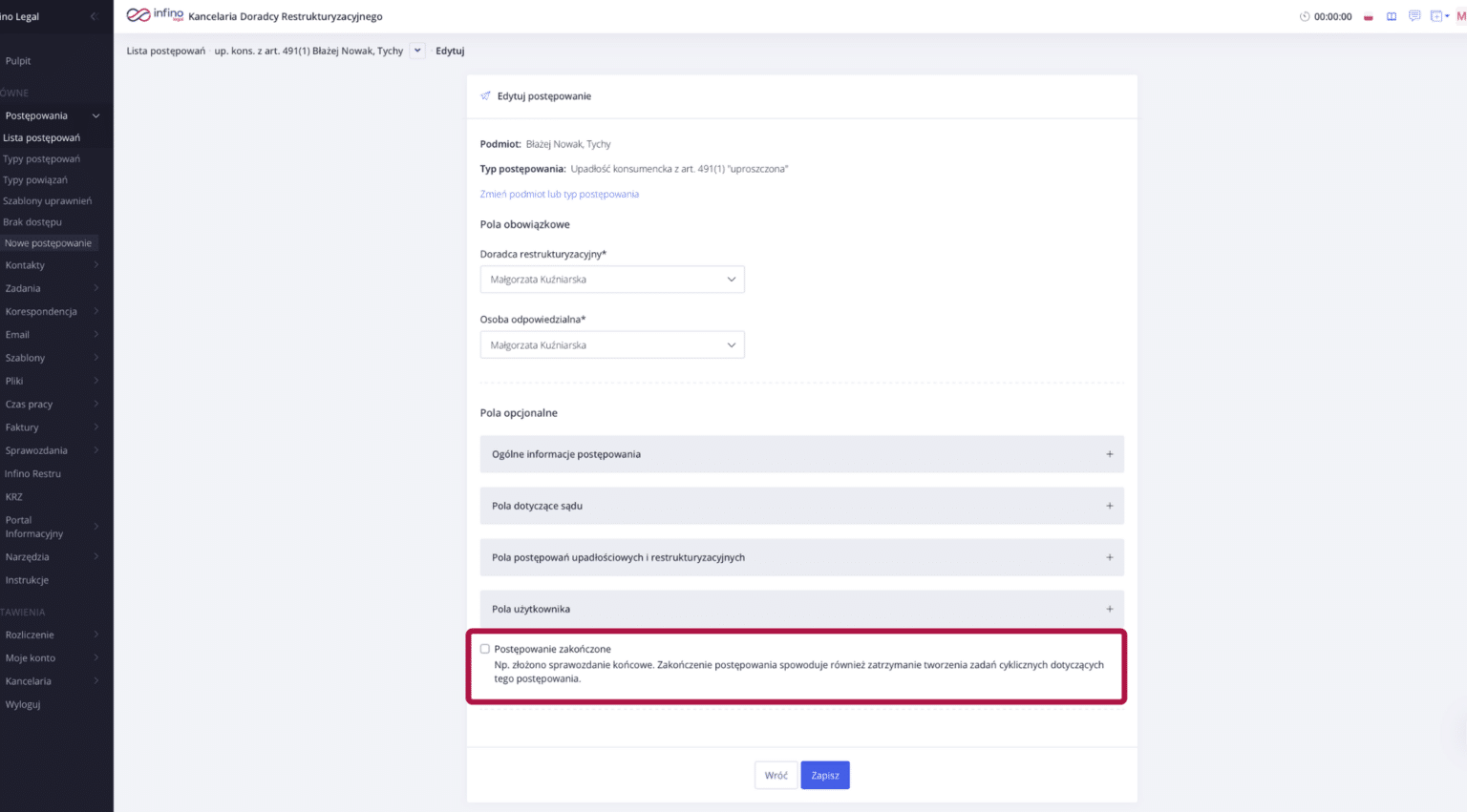 Formularz edycji postępowania w Infino Legal z zaznaczoną opcją „Postępowanie zakończone”.