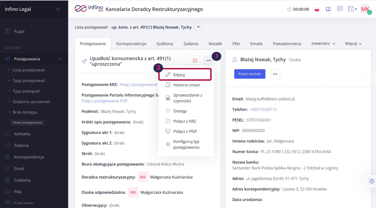Lista postępowań w Infino Legal z menu trzech kropek i opcją „Edytuj”.