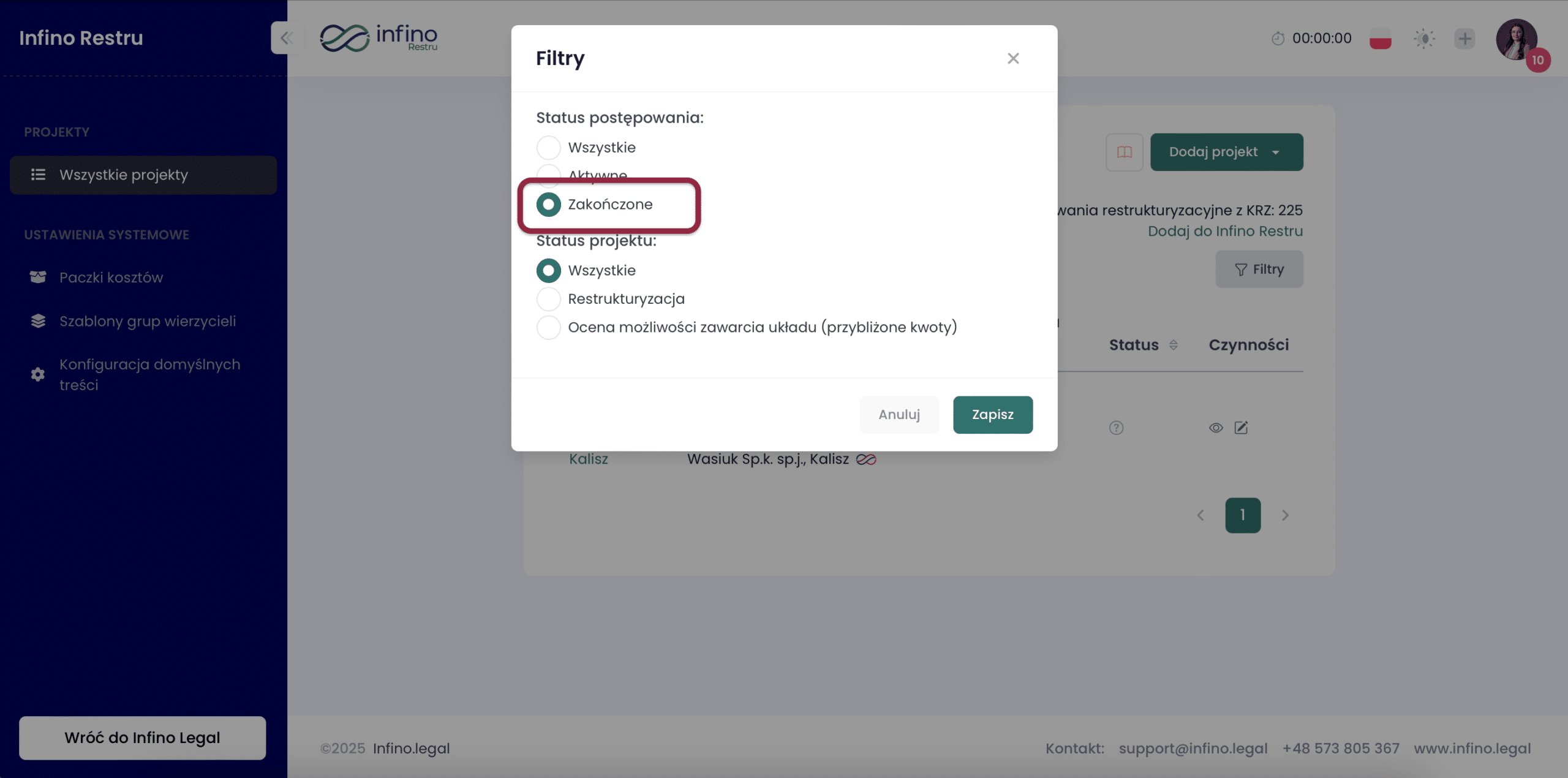 Filtry na liście projektów w Infino Restru – wybór opcji „Zakończone”.