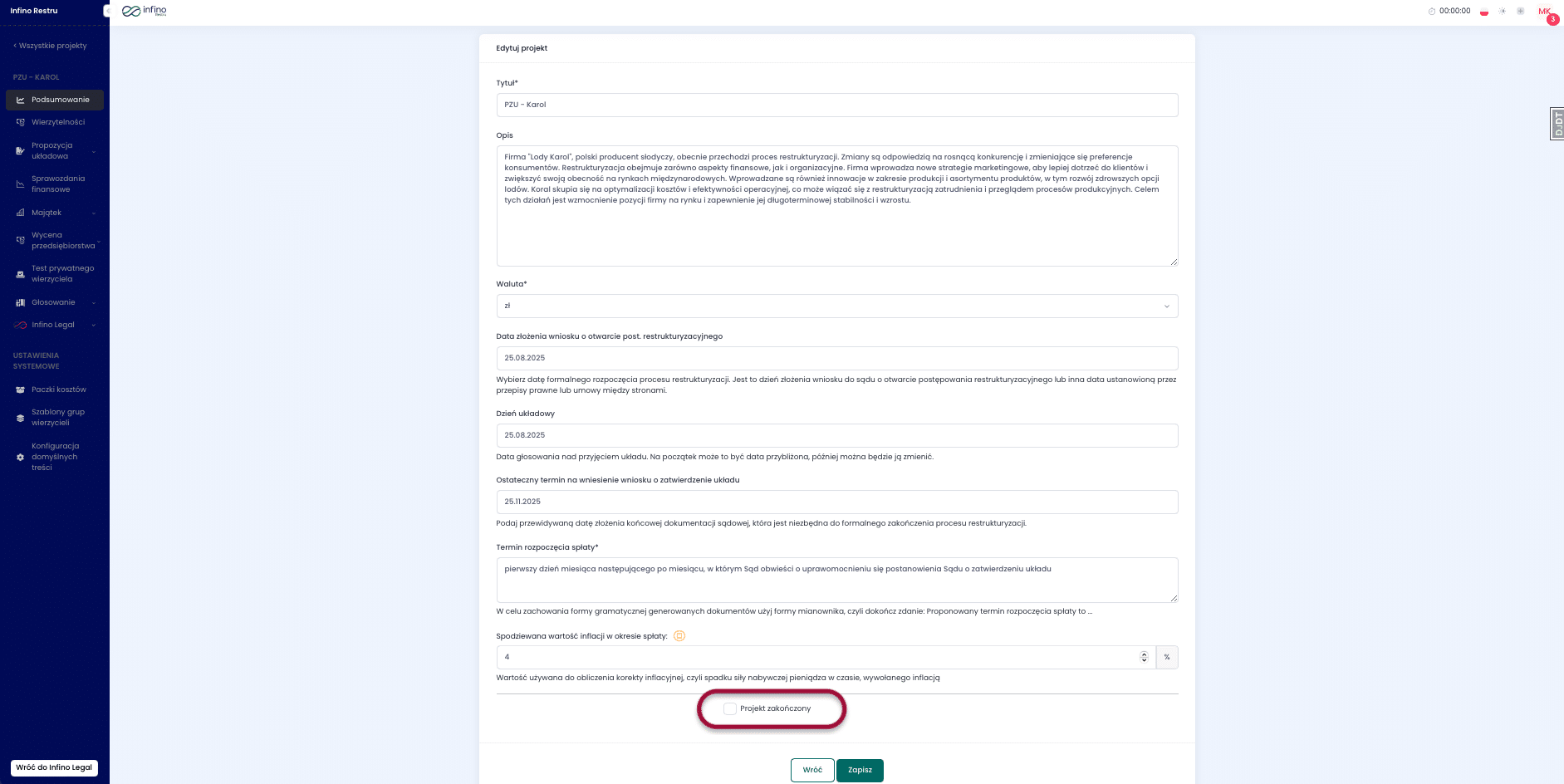 Edycja projektu w Infino Restru – opcja „Projekt zakończony” na końcu formularza i zapis zmian.