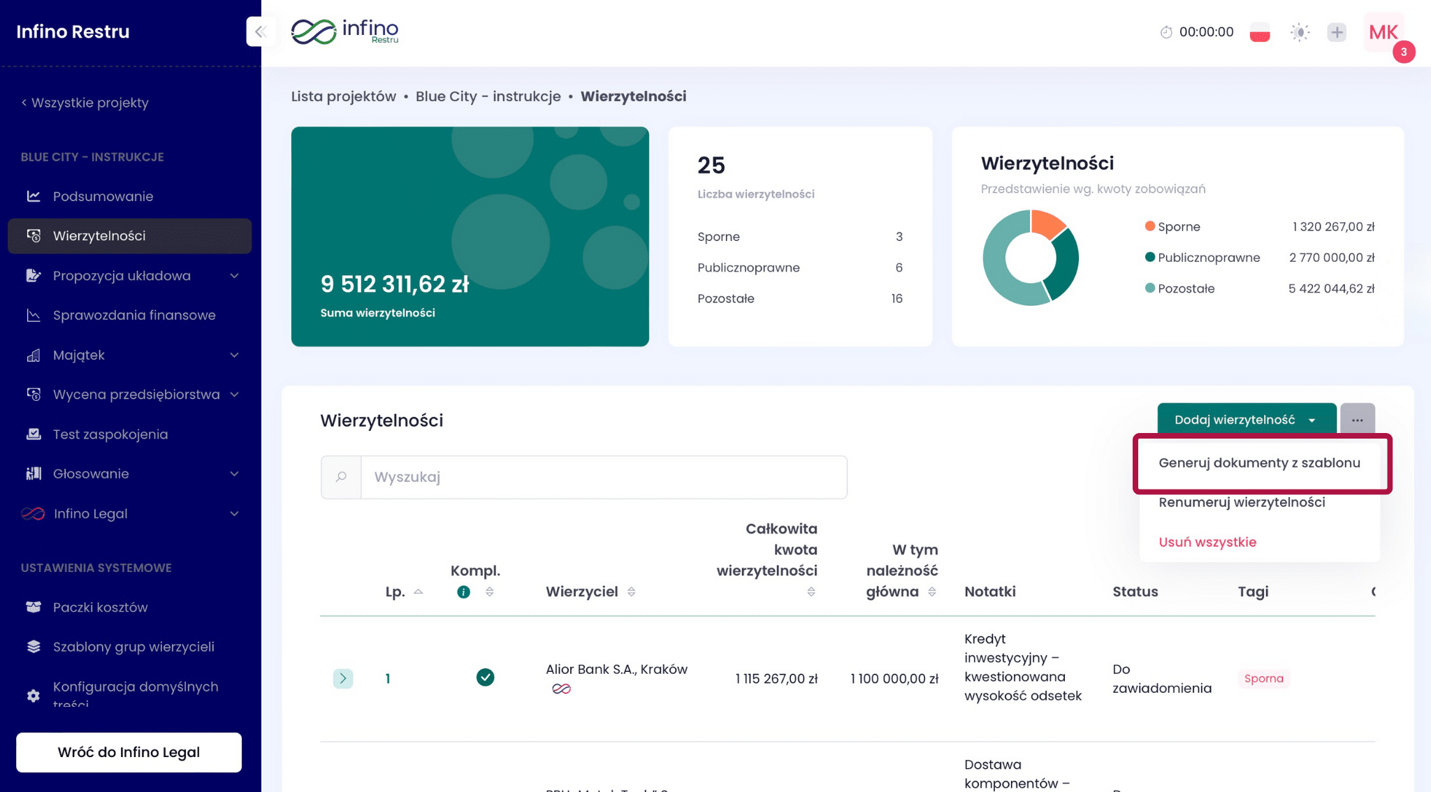 Lista Wierzytelności w Infino Restru z menu „Generuj dokumenty z szablonu”.
