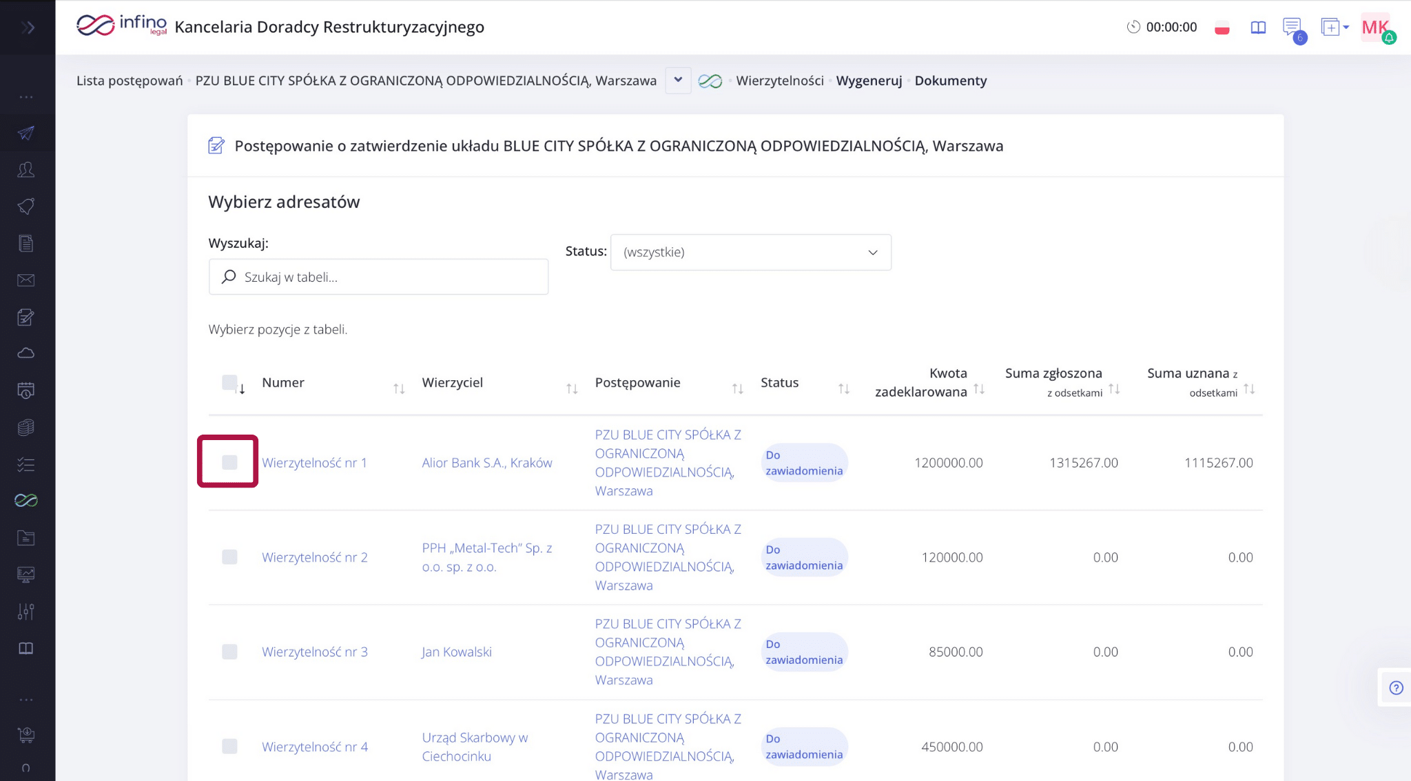 Ekran wyboru adresatów do generowania dokumentów – lista pozycji z checkboxami.