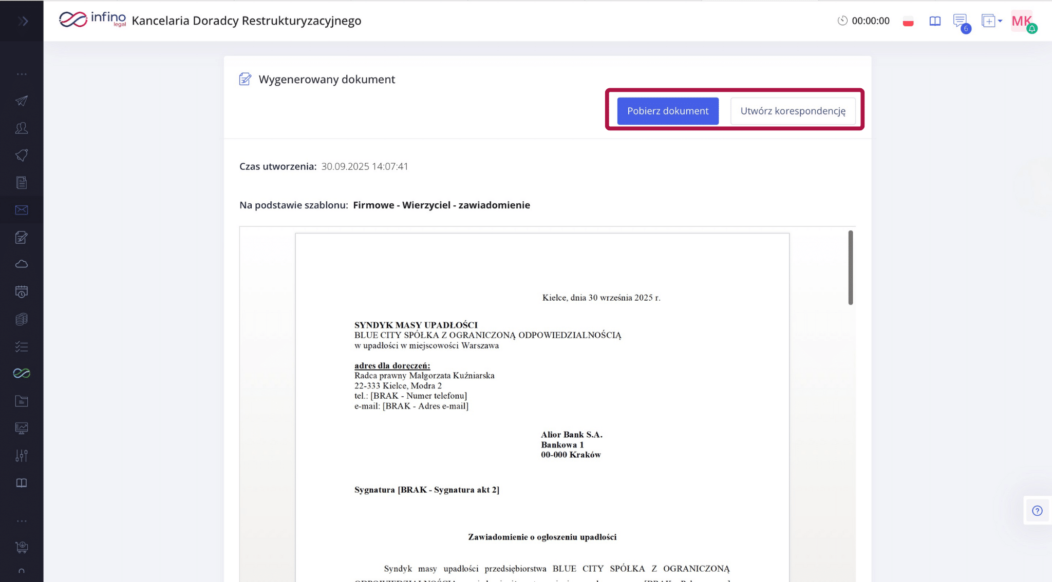 Podgląd wygenerowanego dokumentu z przyciskiem „Pobierz dokument”.