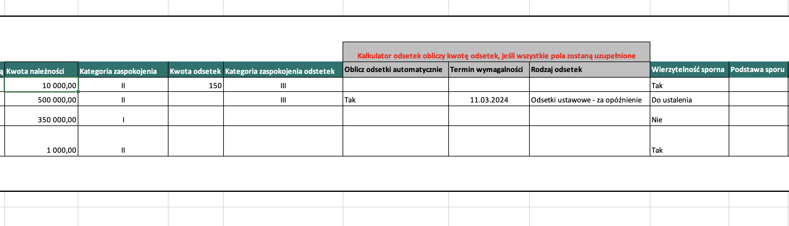 Szablon Excel do importu wierzytelności – kolumny do wyliczania odsetek (automatycznie, termin wymagalności, rodzaj odsetek).